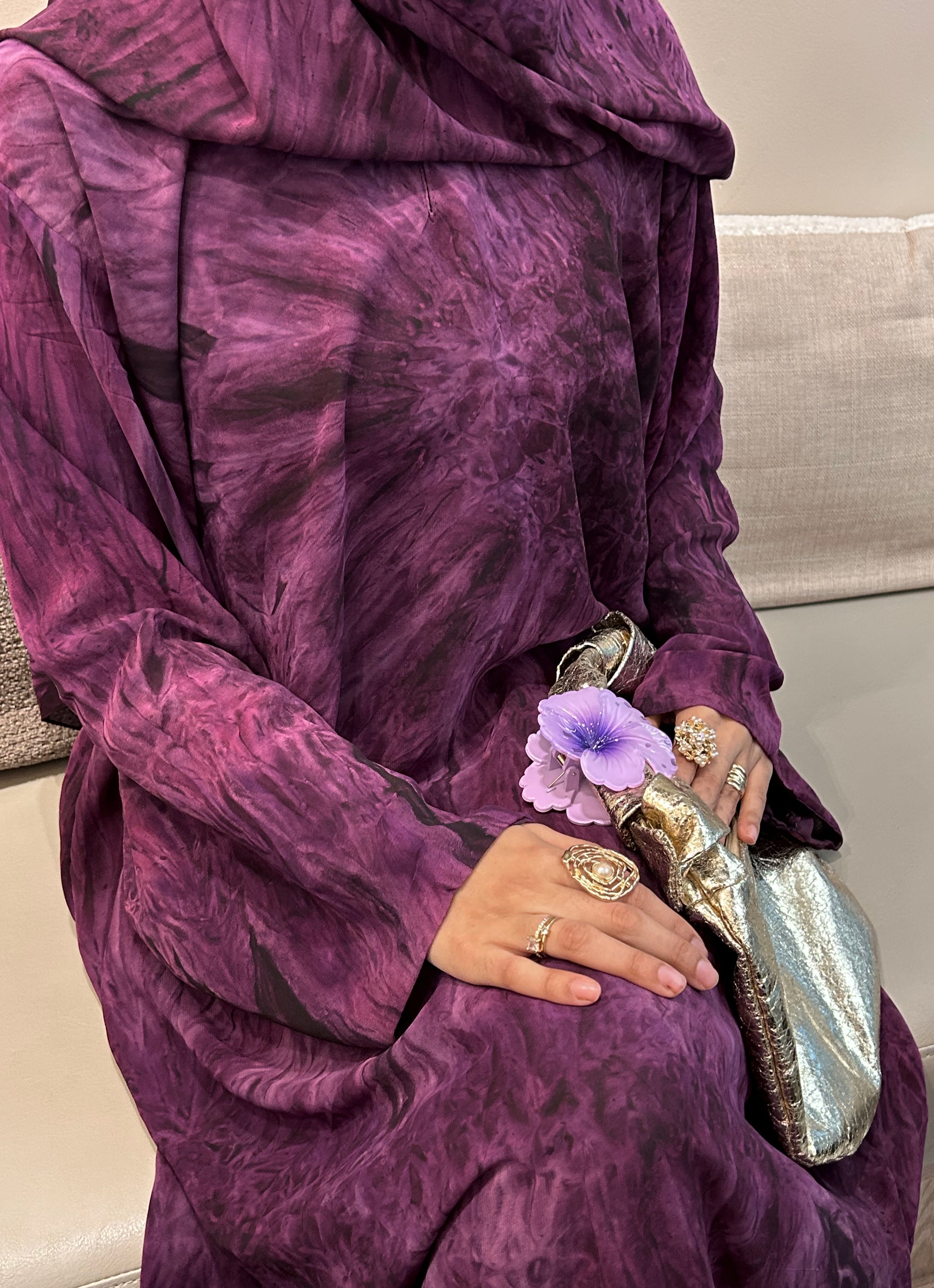 Printed Chiffon Abaya Set (Closed) - Purple