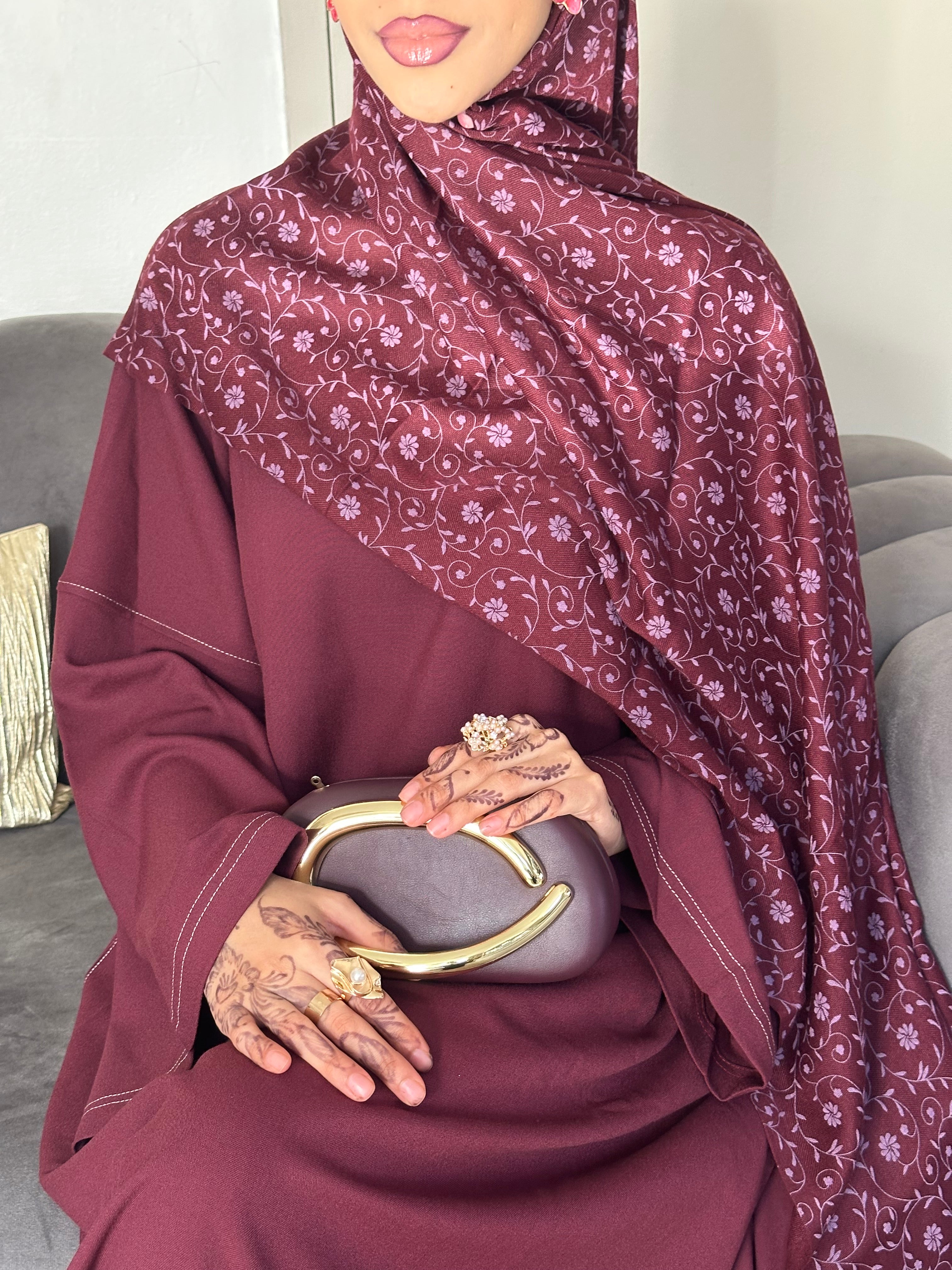 Printed Hijab - Maroon (Purple Print)