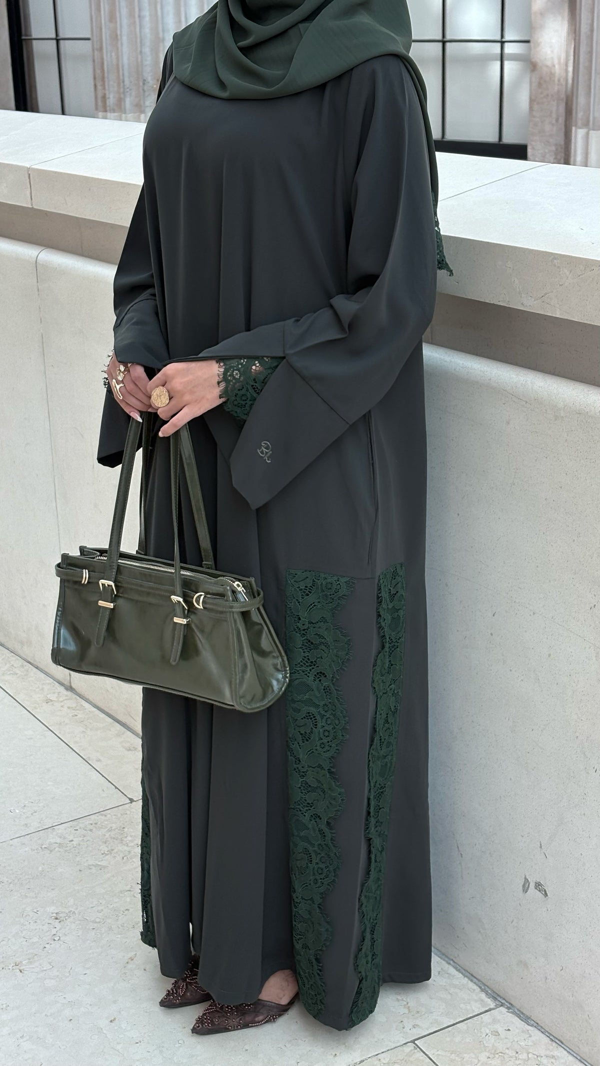 Lace Abaya and Hijab Set- Khaki Green