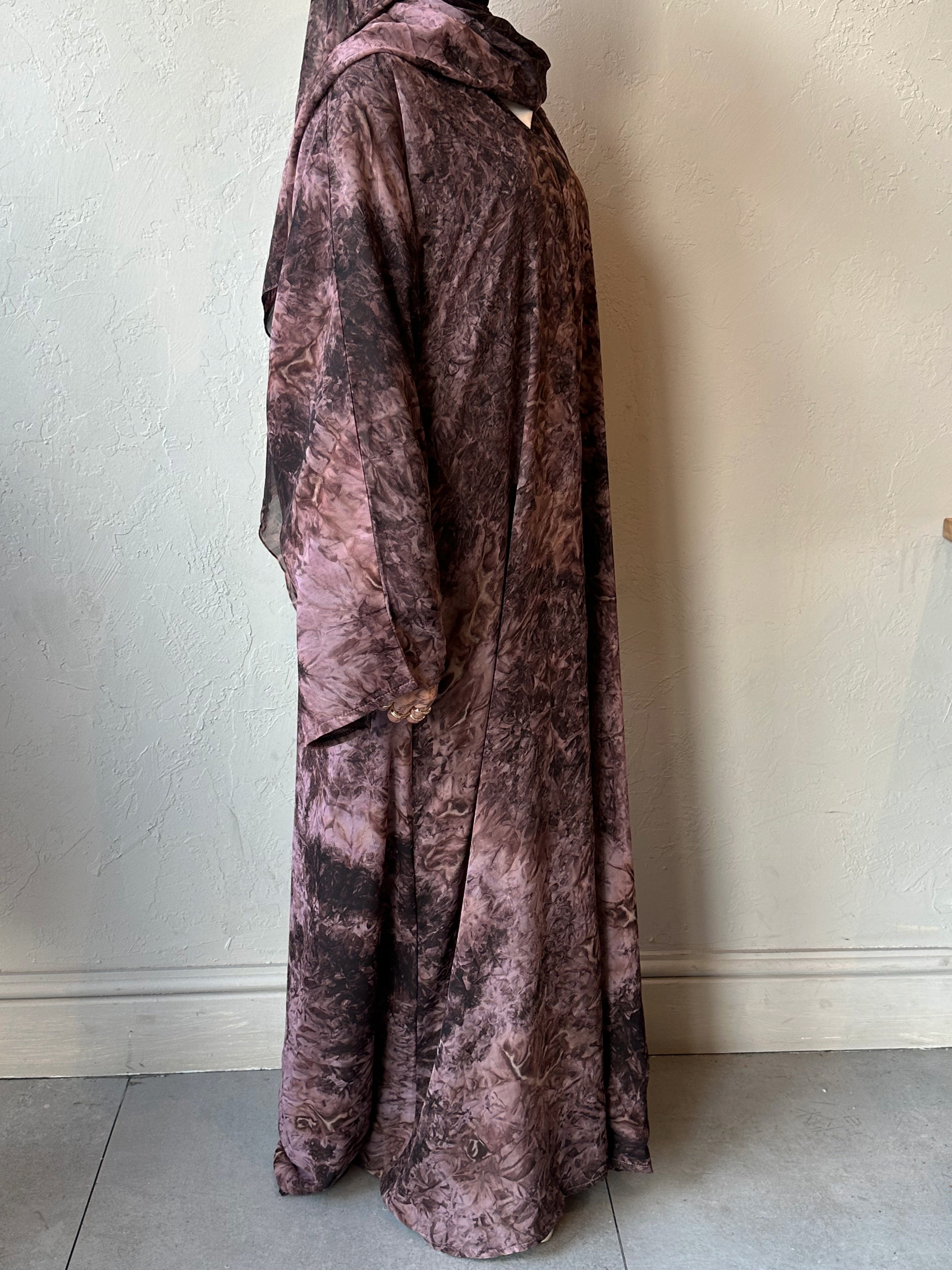 Printed Chiffon Abaya Set (Open) - Pink/Brown