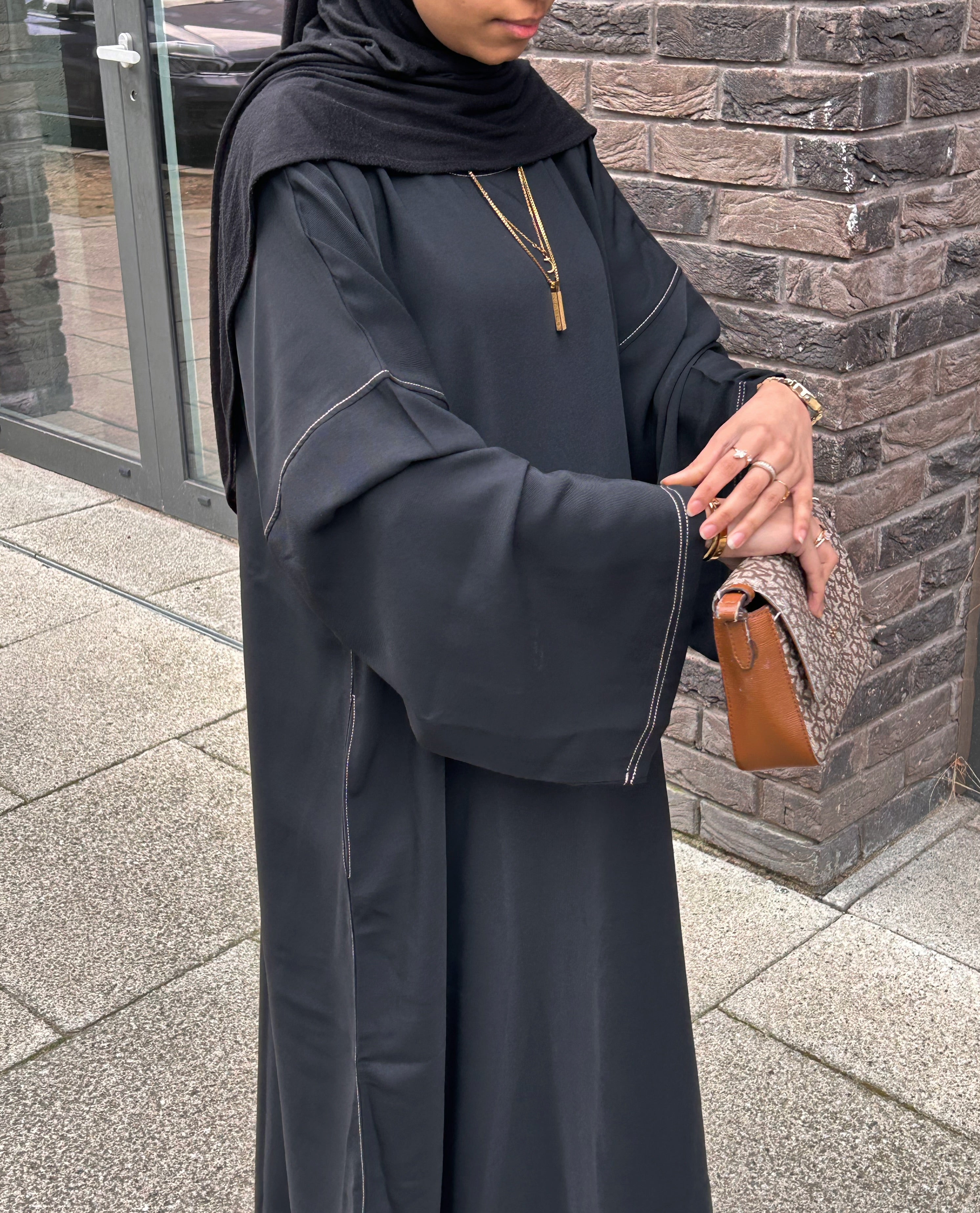 Black Contrast Stitch Closed Abaya