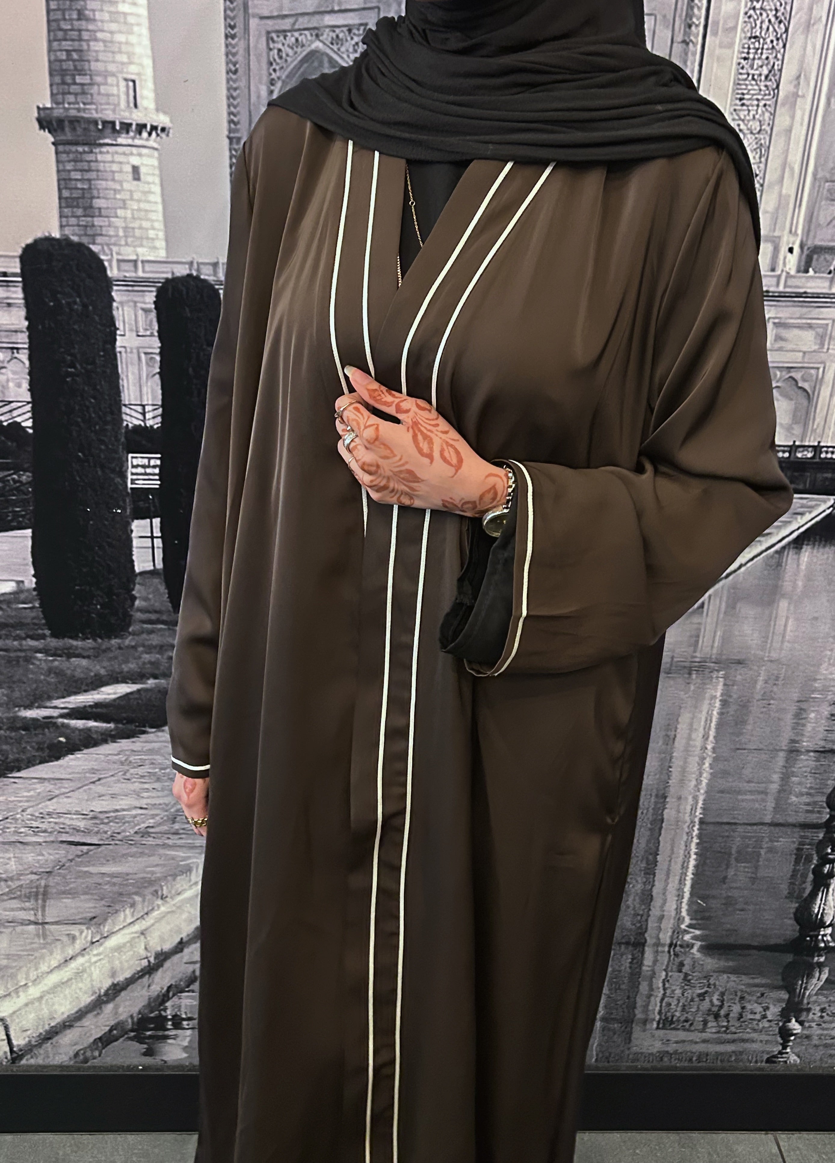 Brown Satin Trim Open Abaya