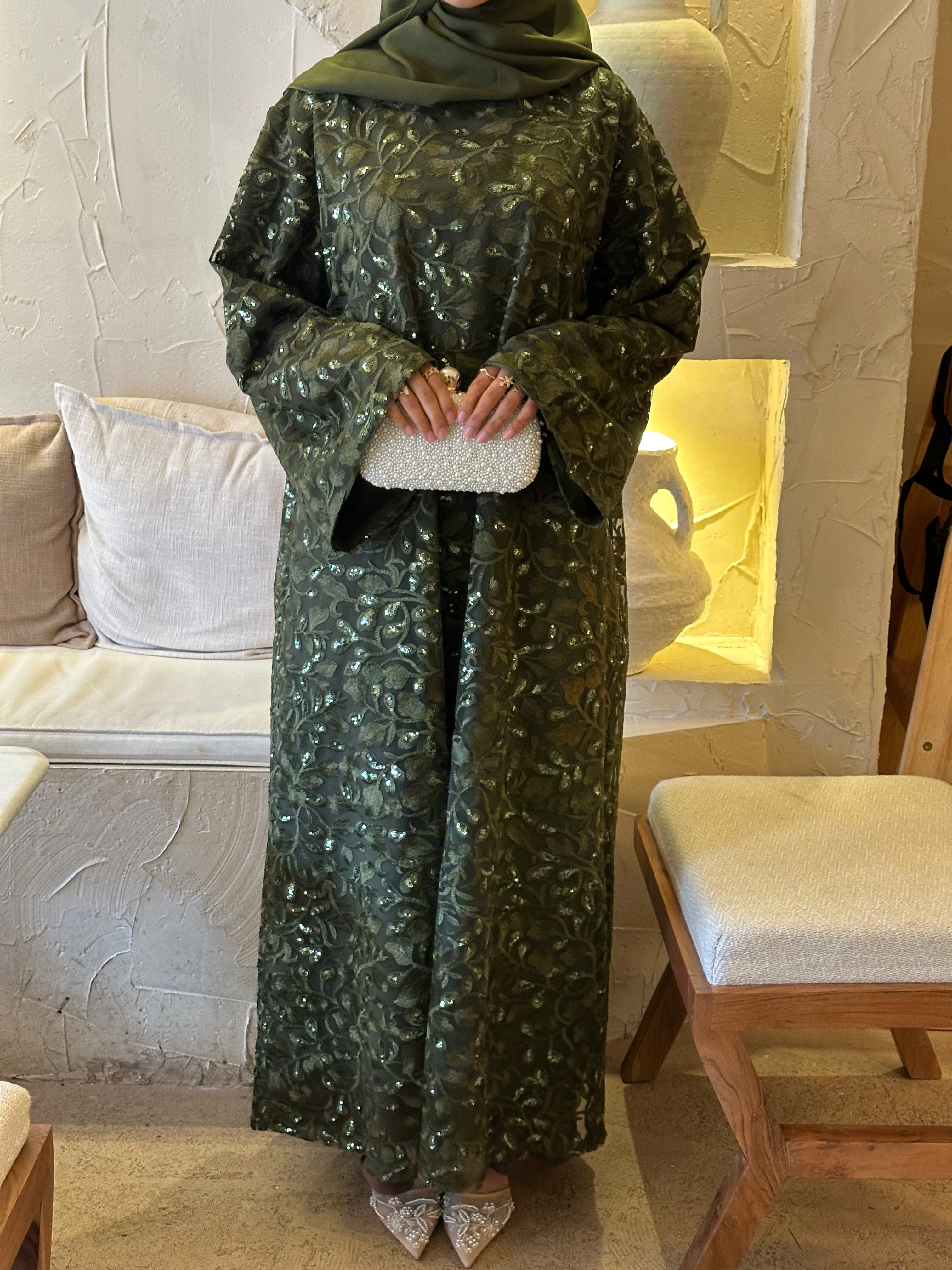 Khaki Green Lace Abaya