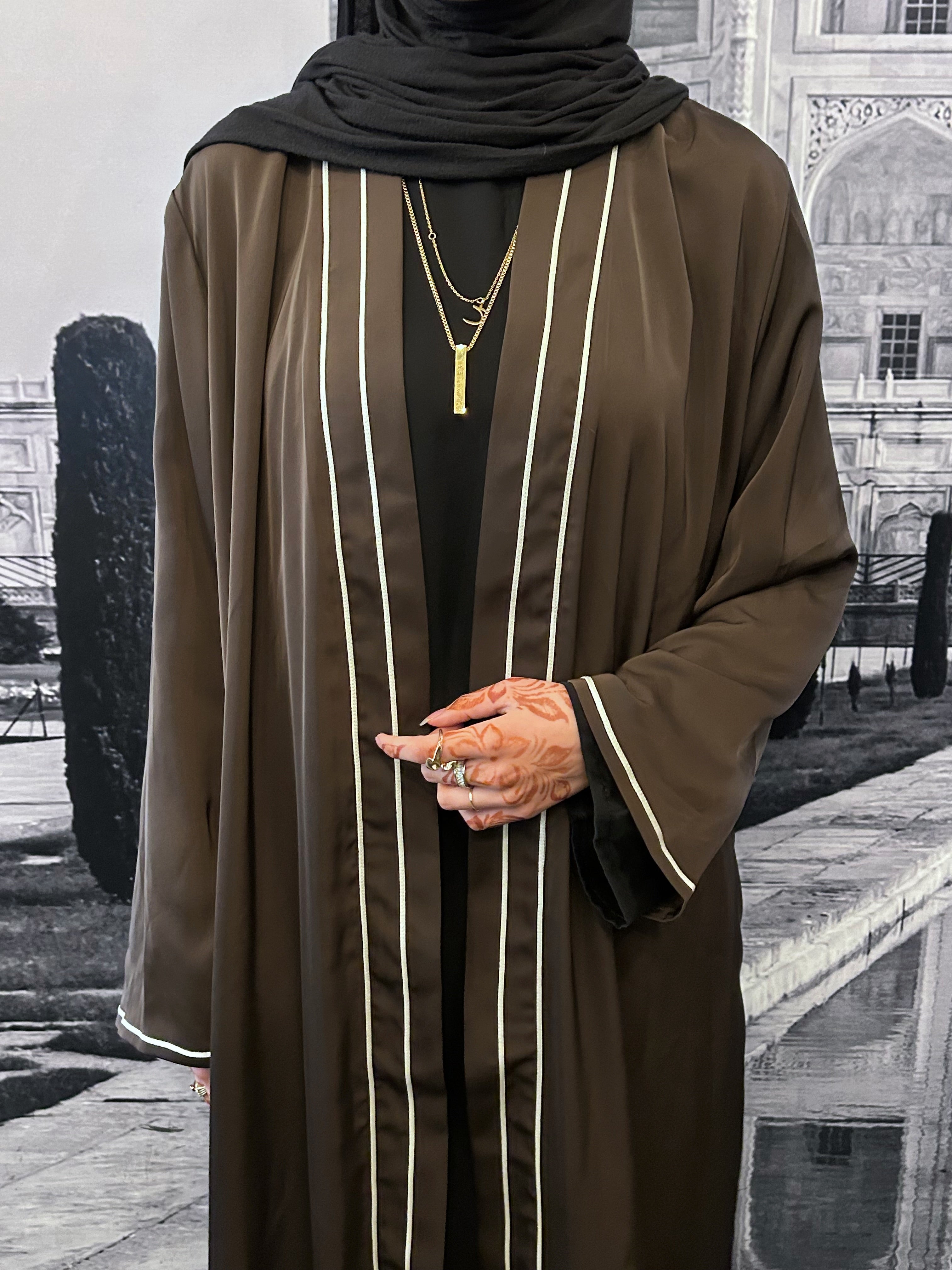 Brown Satin Trim Open Abaya