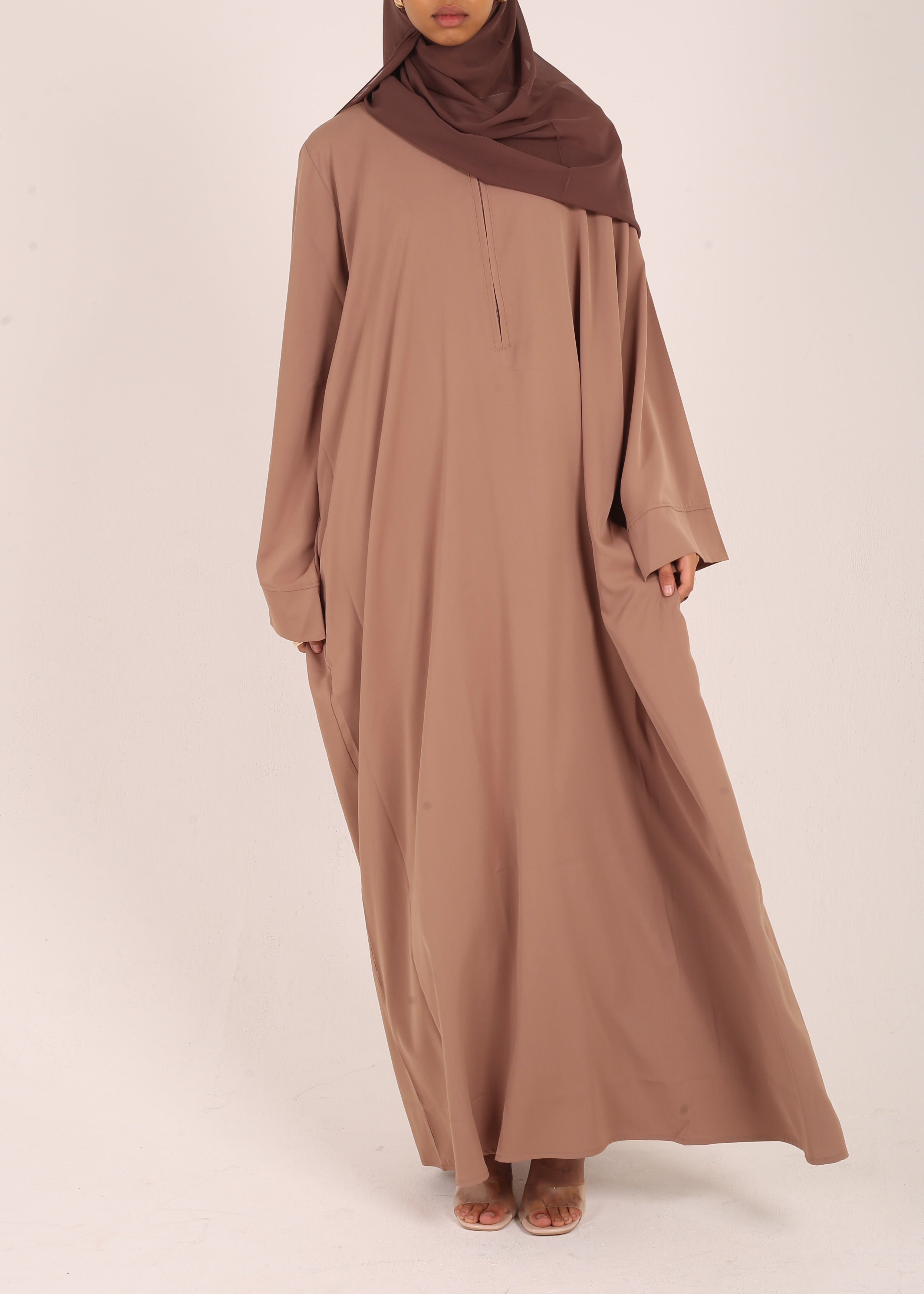 Mocha Nursing-Friendly Abaya with Zip and Matching Hijab Set
