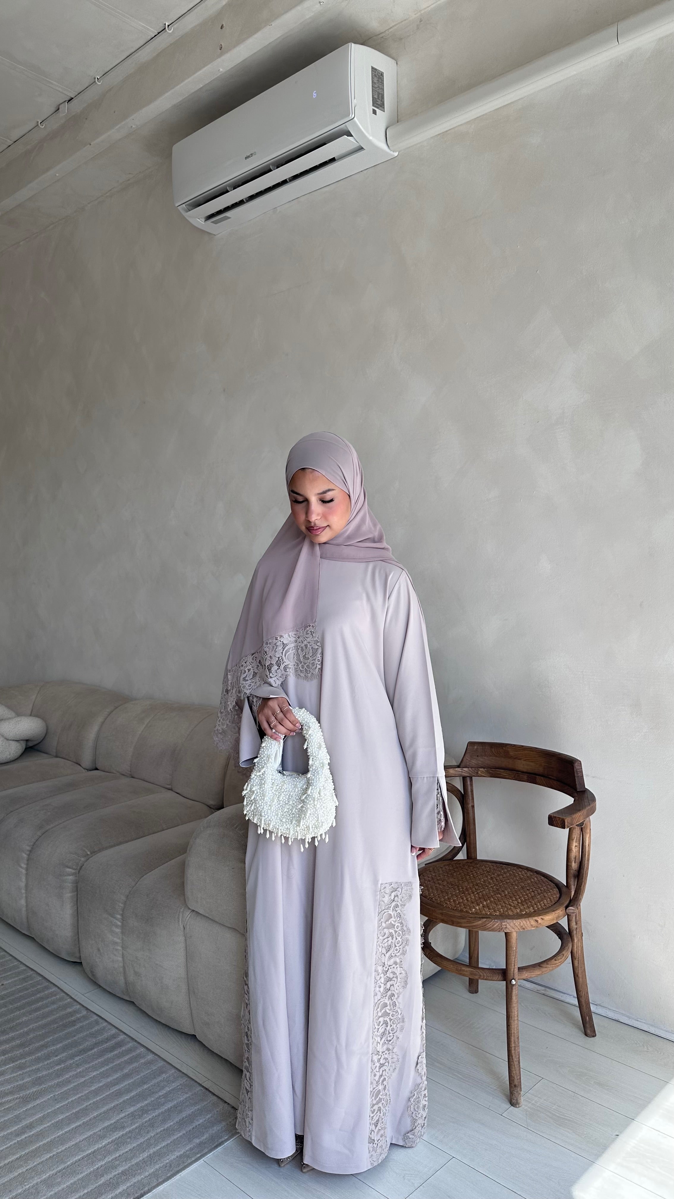 Lace Abaya and Hijab Set- Nude