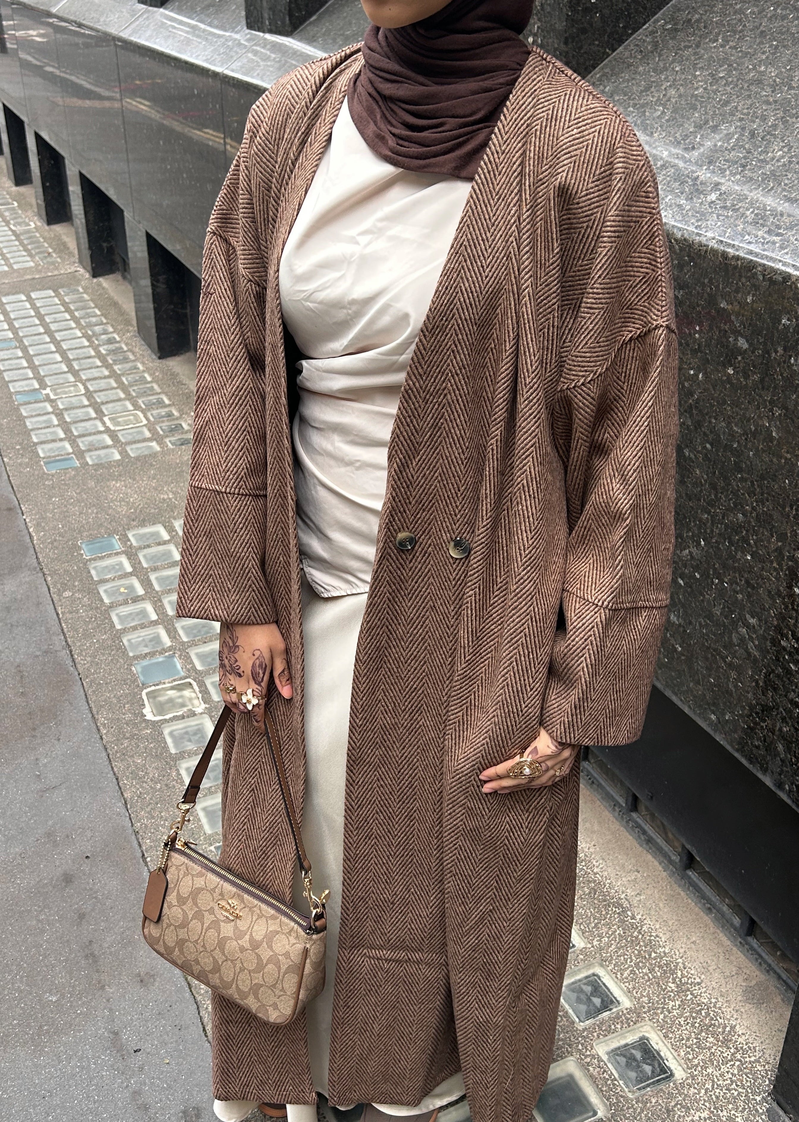 Herringbone Abaya Coat - Brown