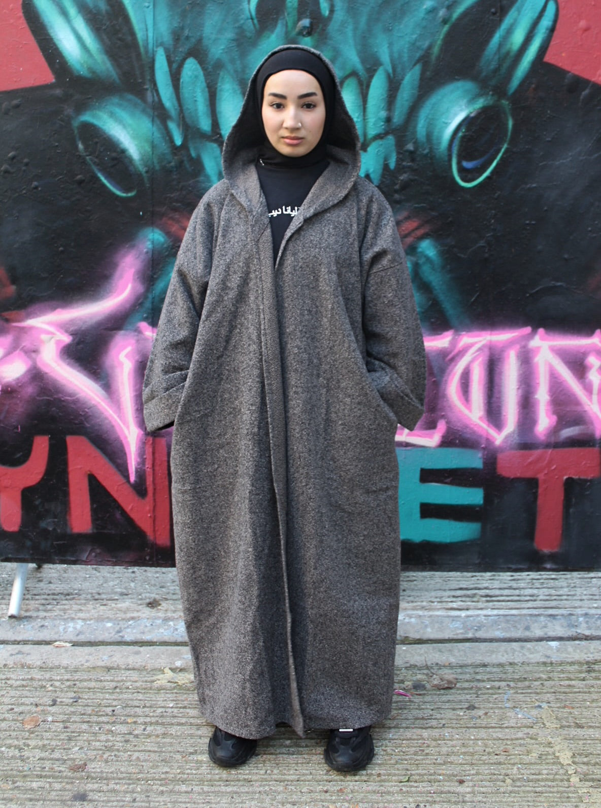 Hooded Blended Grey Abaya Coat