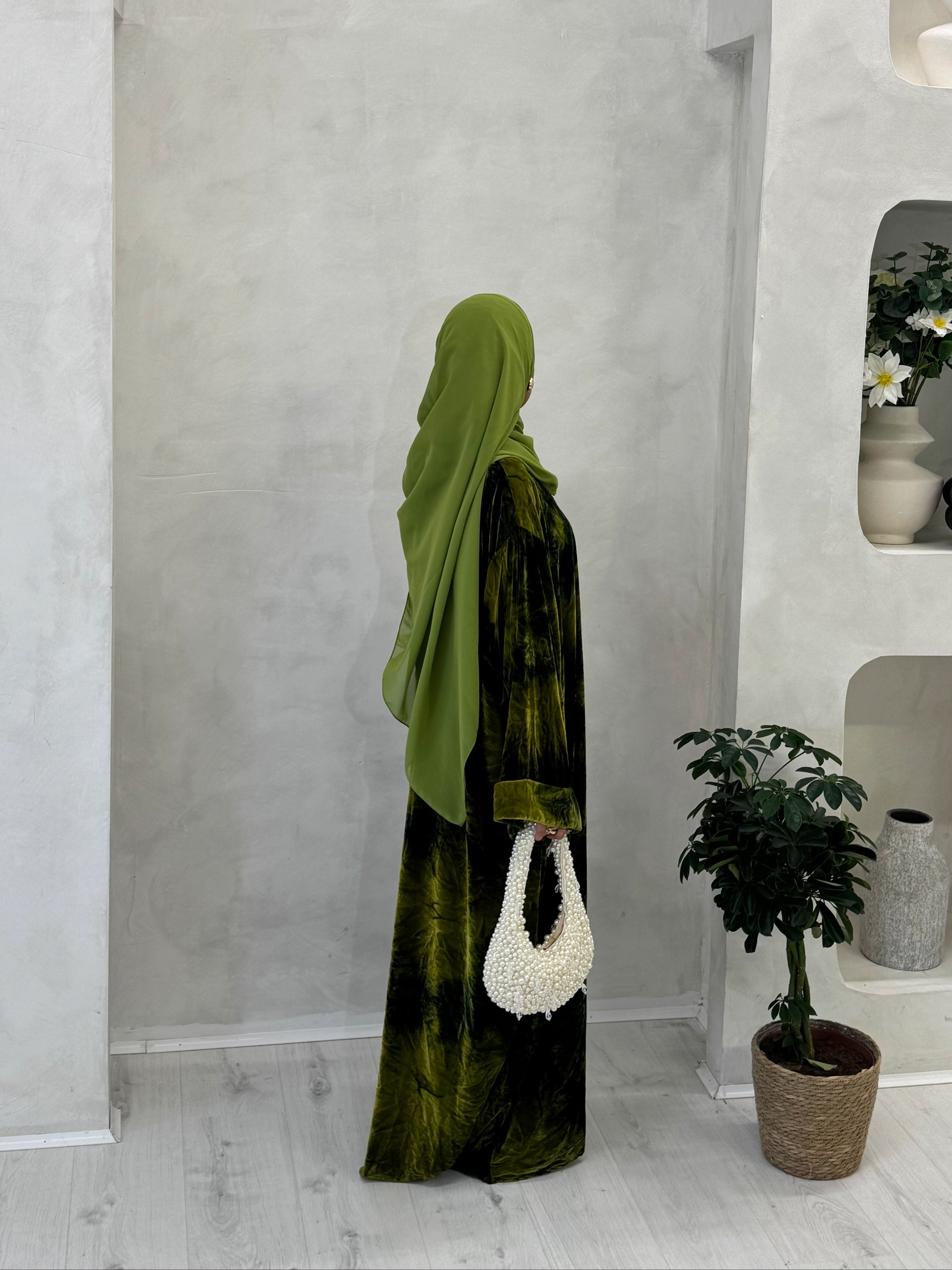 Green Printed Velvet Abaya