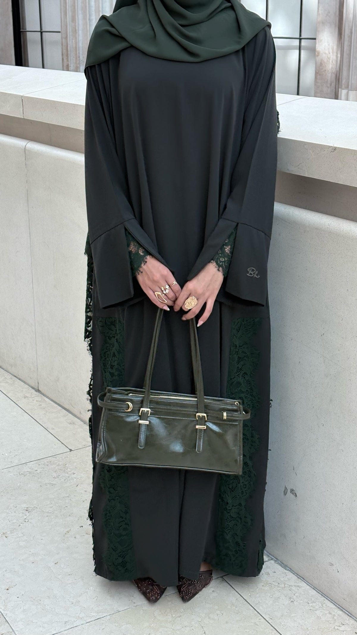 Lace Abaya and Hijab Set- Khaki Green