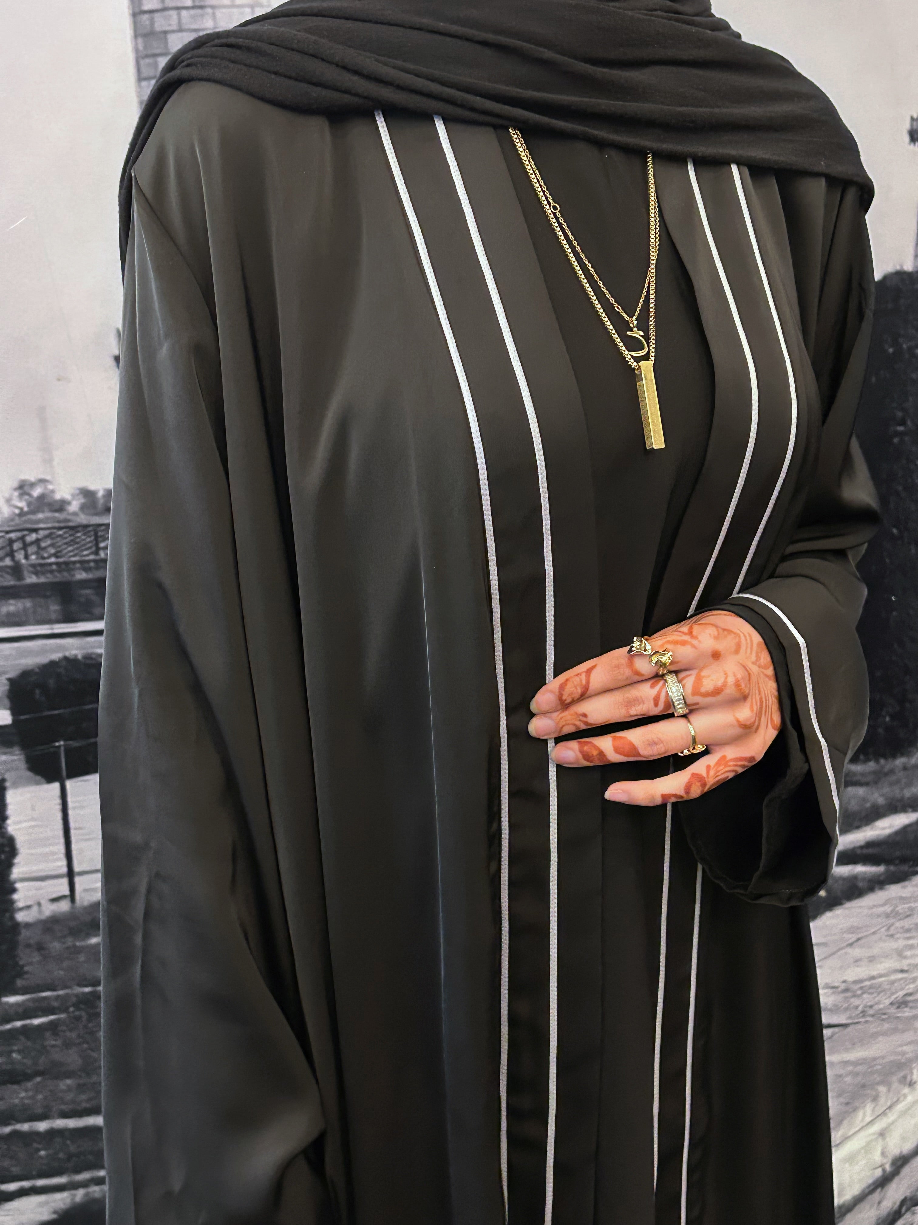 Black Satin Trim Open Abaya