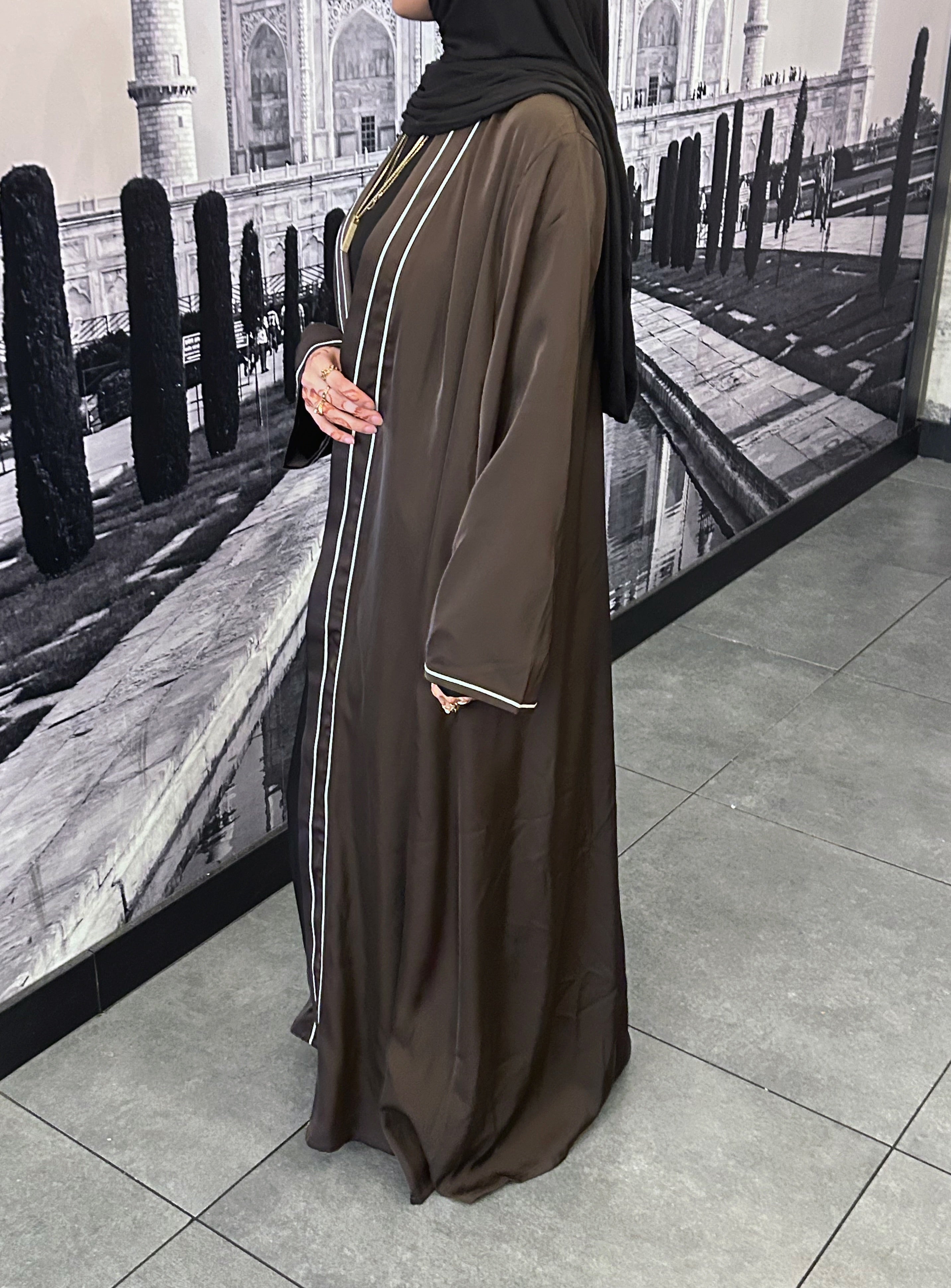 Brown Satin Trim Open Abaya