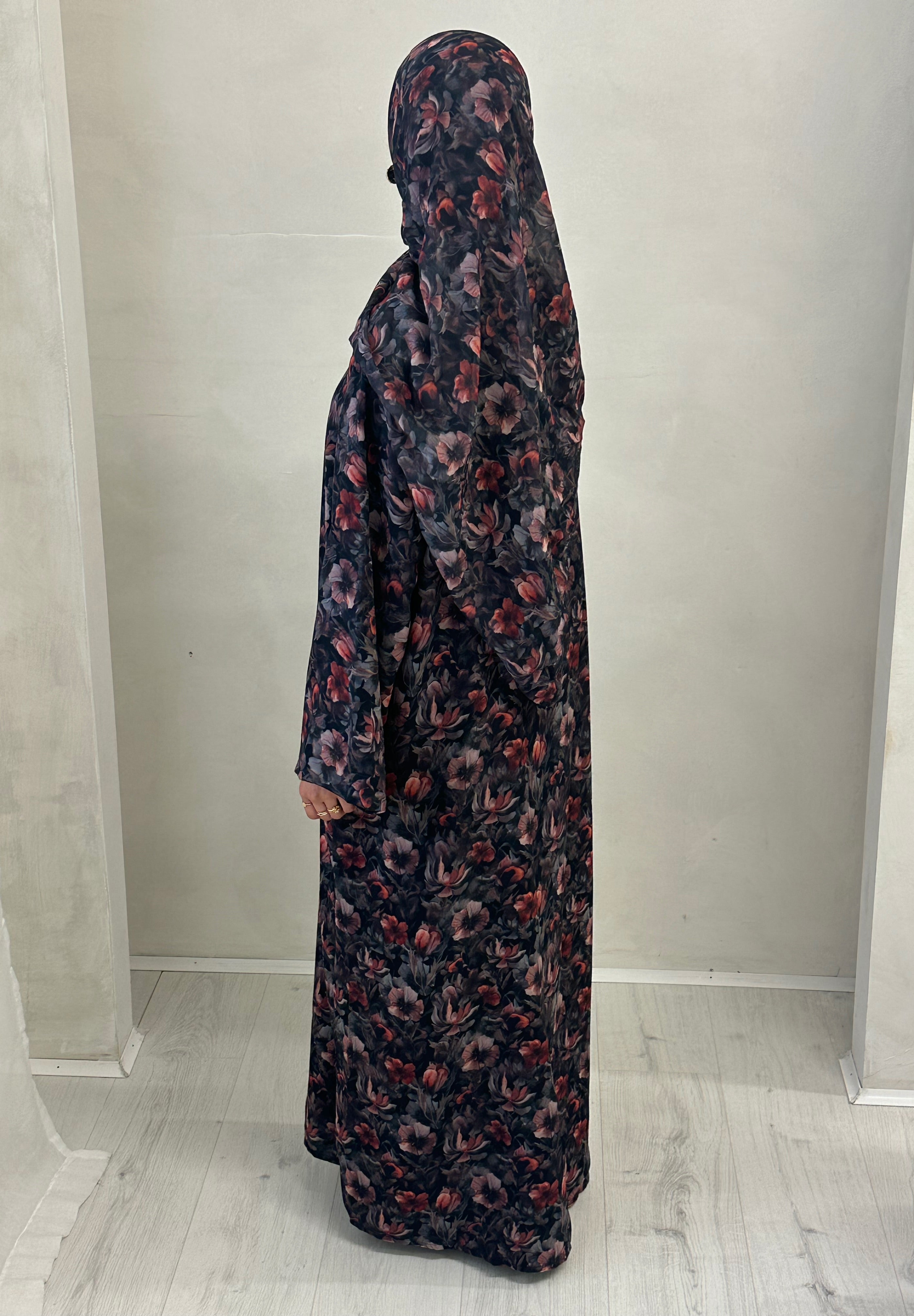 Black Printed Floral Abaya Set