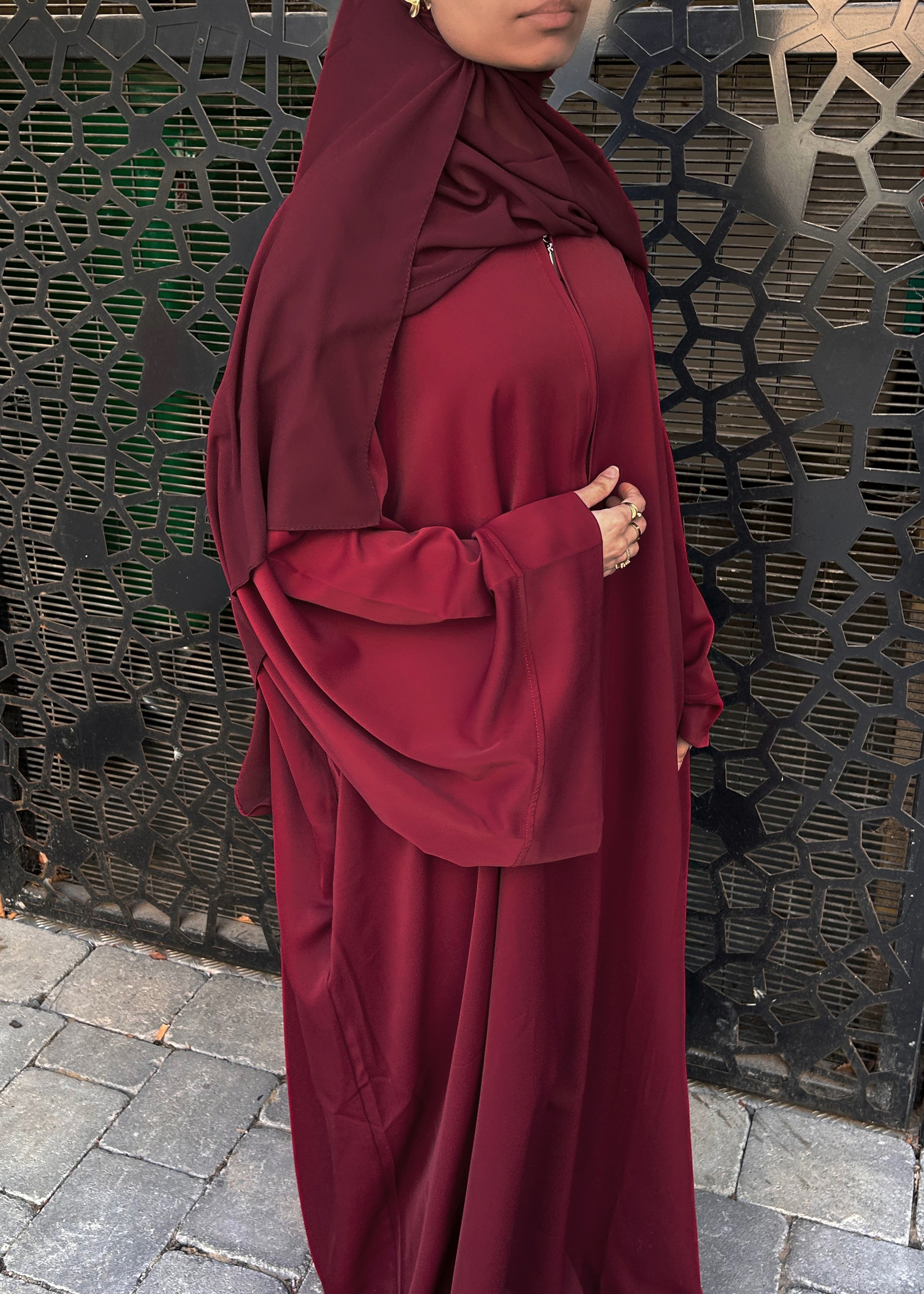 Burgundy Nursing-Friendly Abaya with Zip and Matching Hijab Set