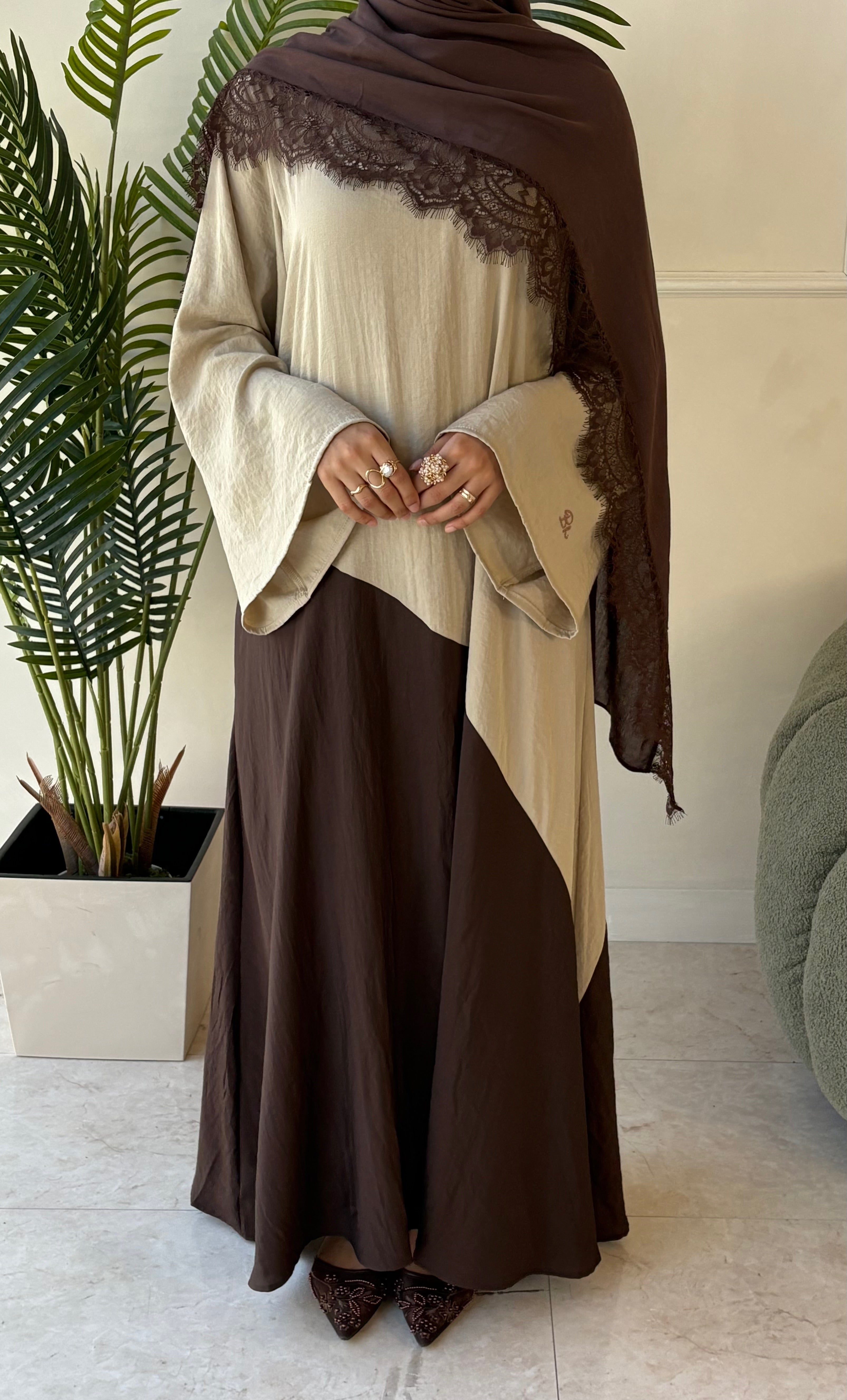Two Tone Dress Abaya - Beige/Brown