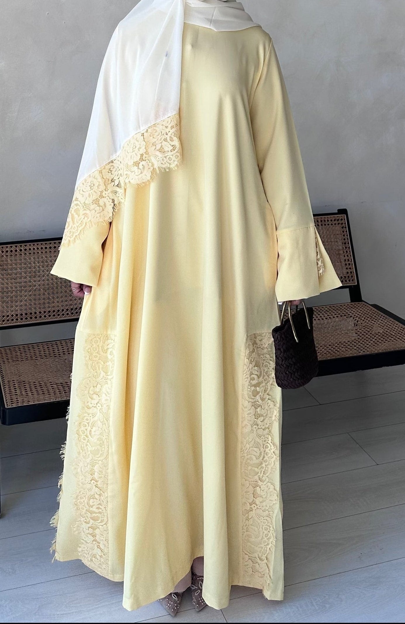 Lace Abaya and Hijab Set- Butter yellow