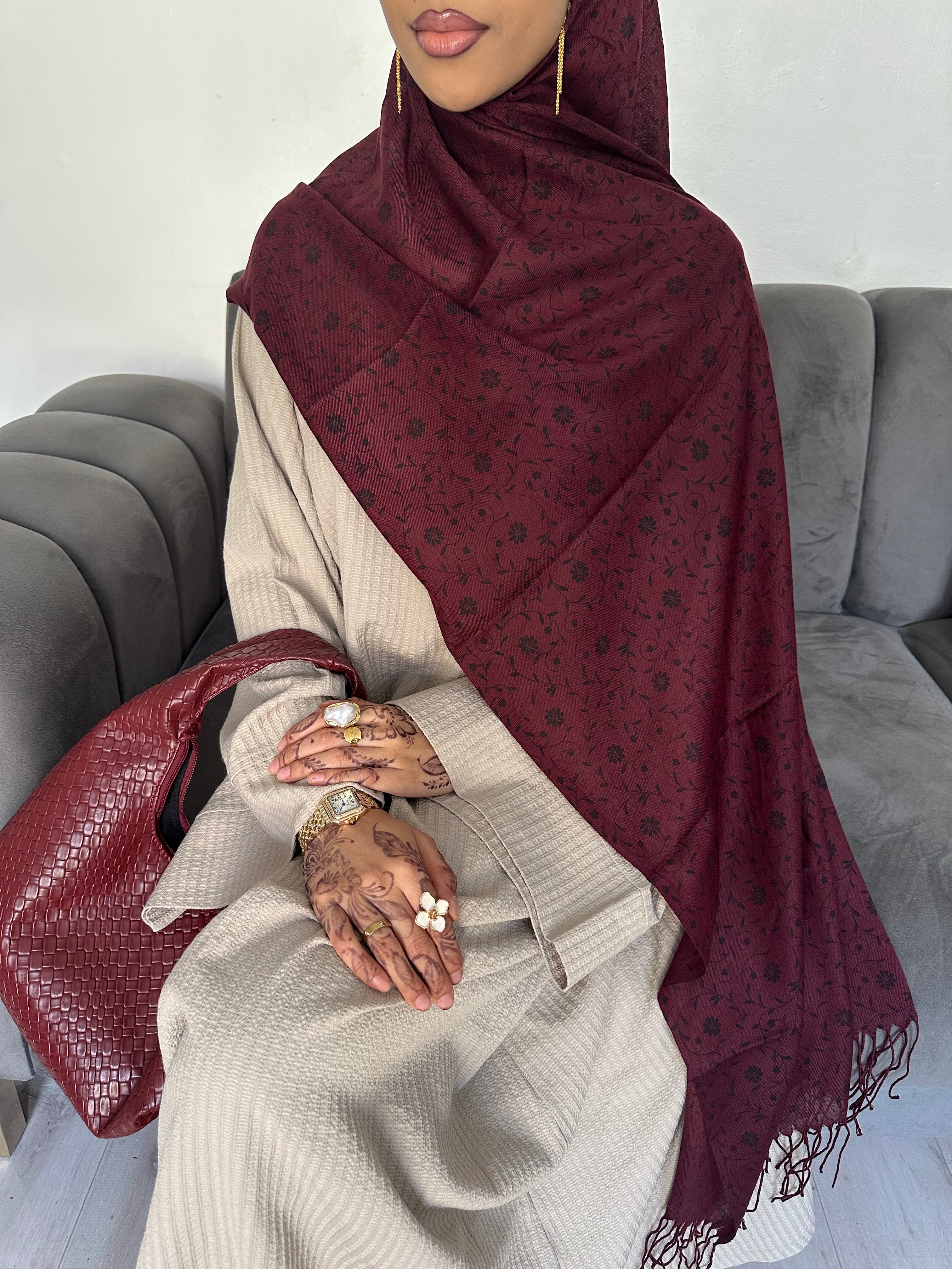 Printed Hijab - Maroon (Black Print)