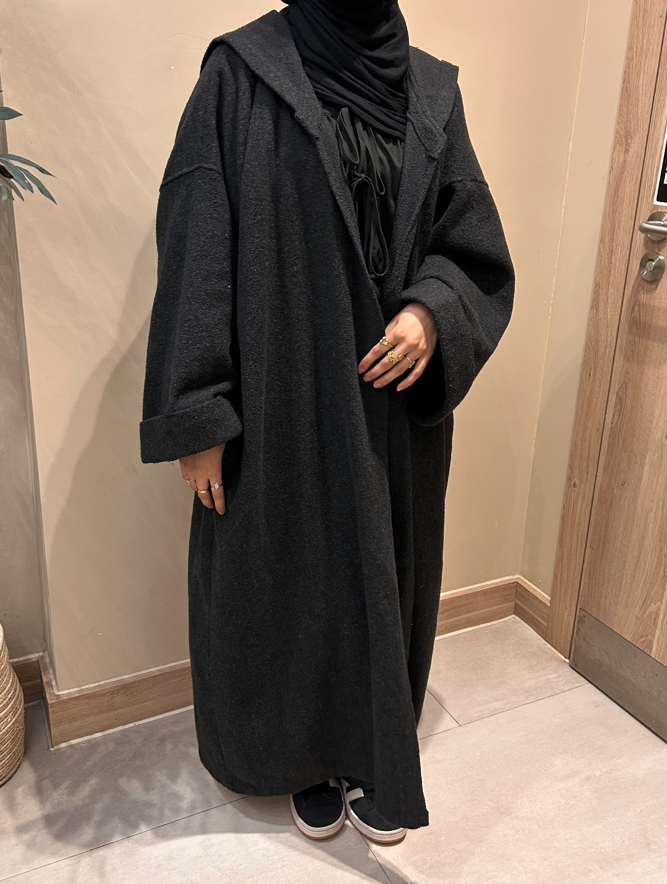 Hooded Blended Charcoal Black Abaya Coat