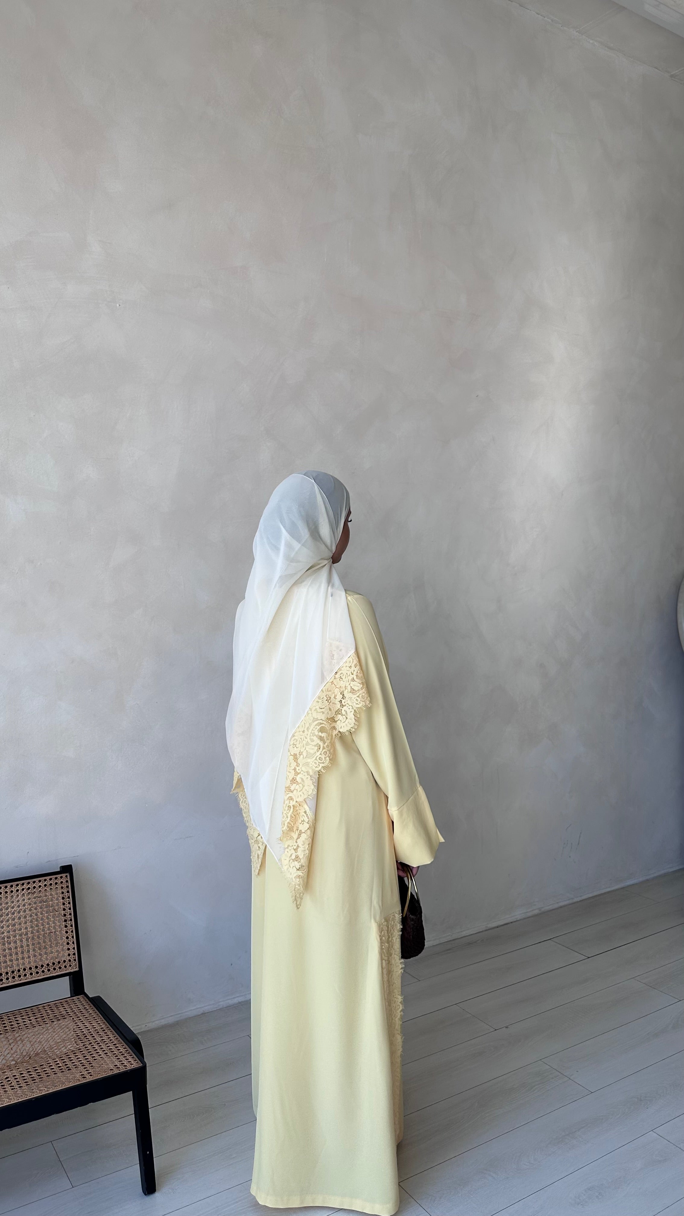 Lace Abaya and Hijab Set- Butter yellow