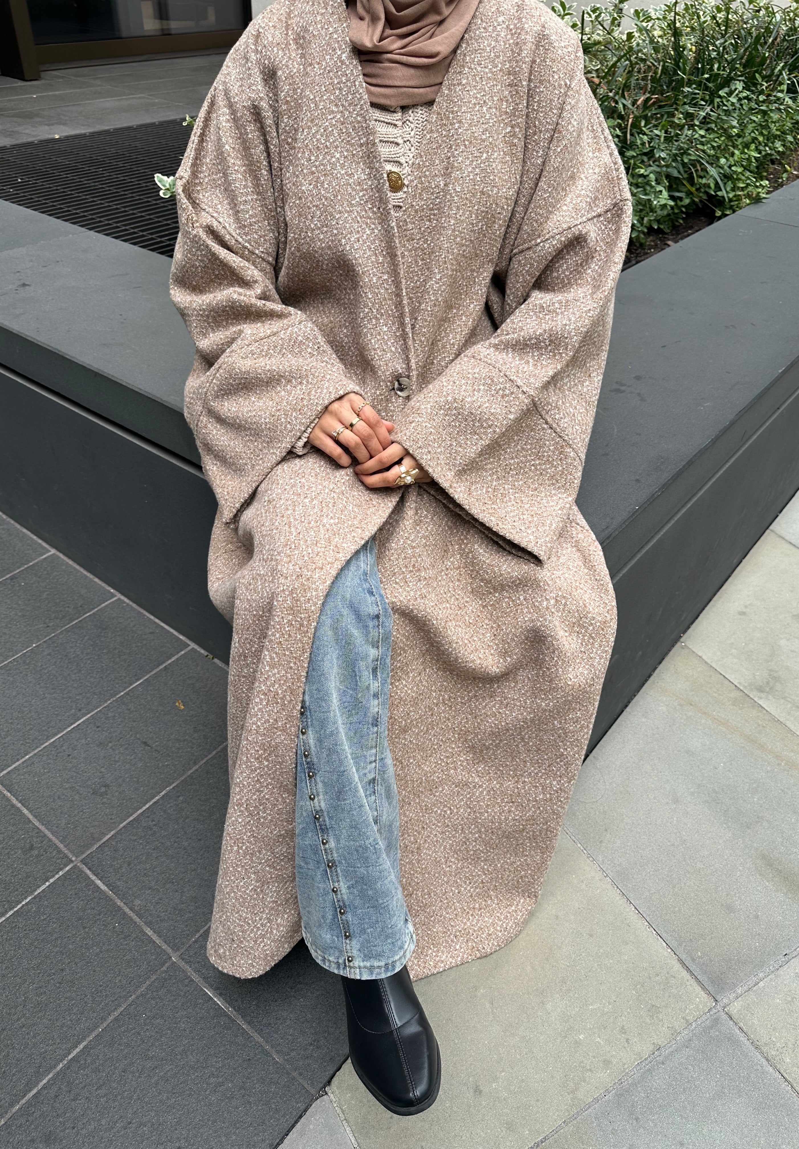 Tweed Abaya Coat - Beige