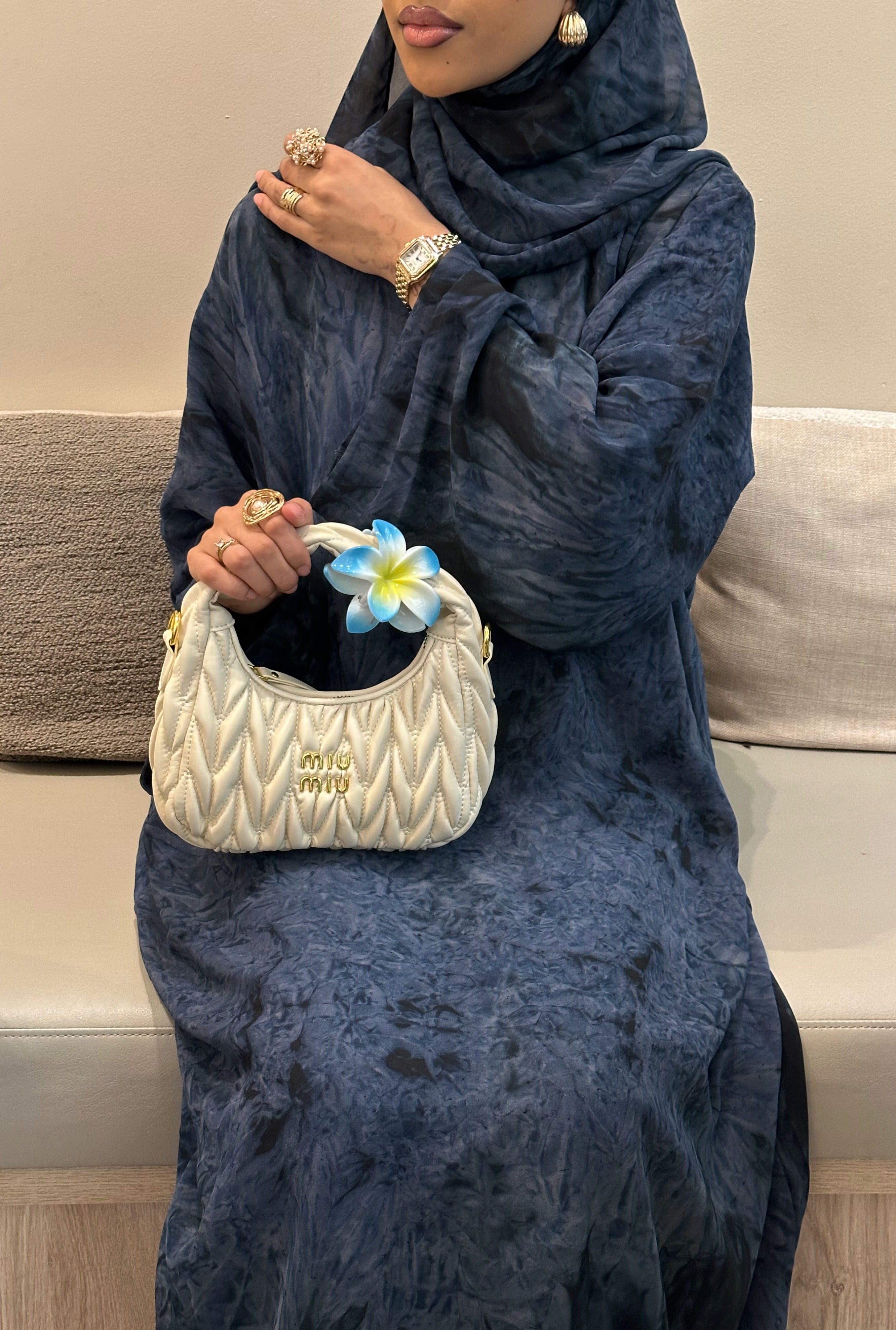 Printed Chiffon Abaya Set (Closed) - Navy