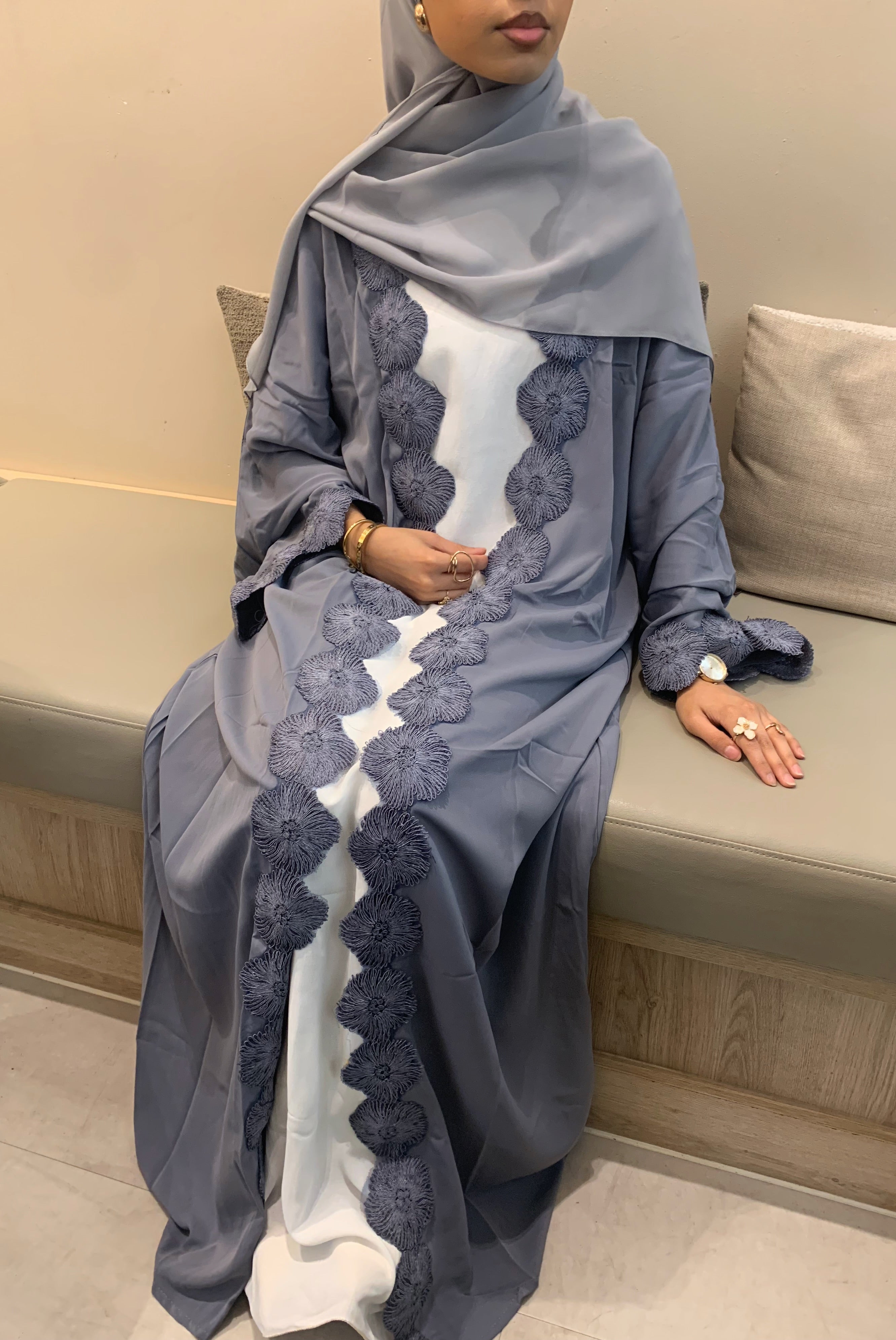 Lace Abaya Set - Grey