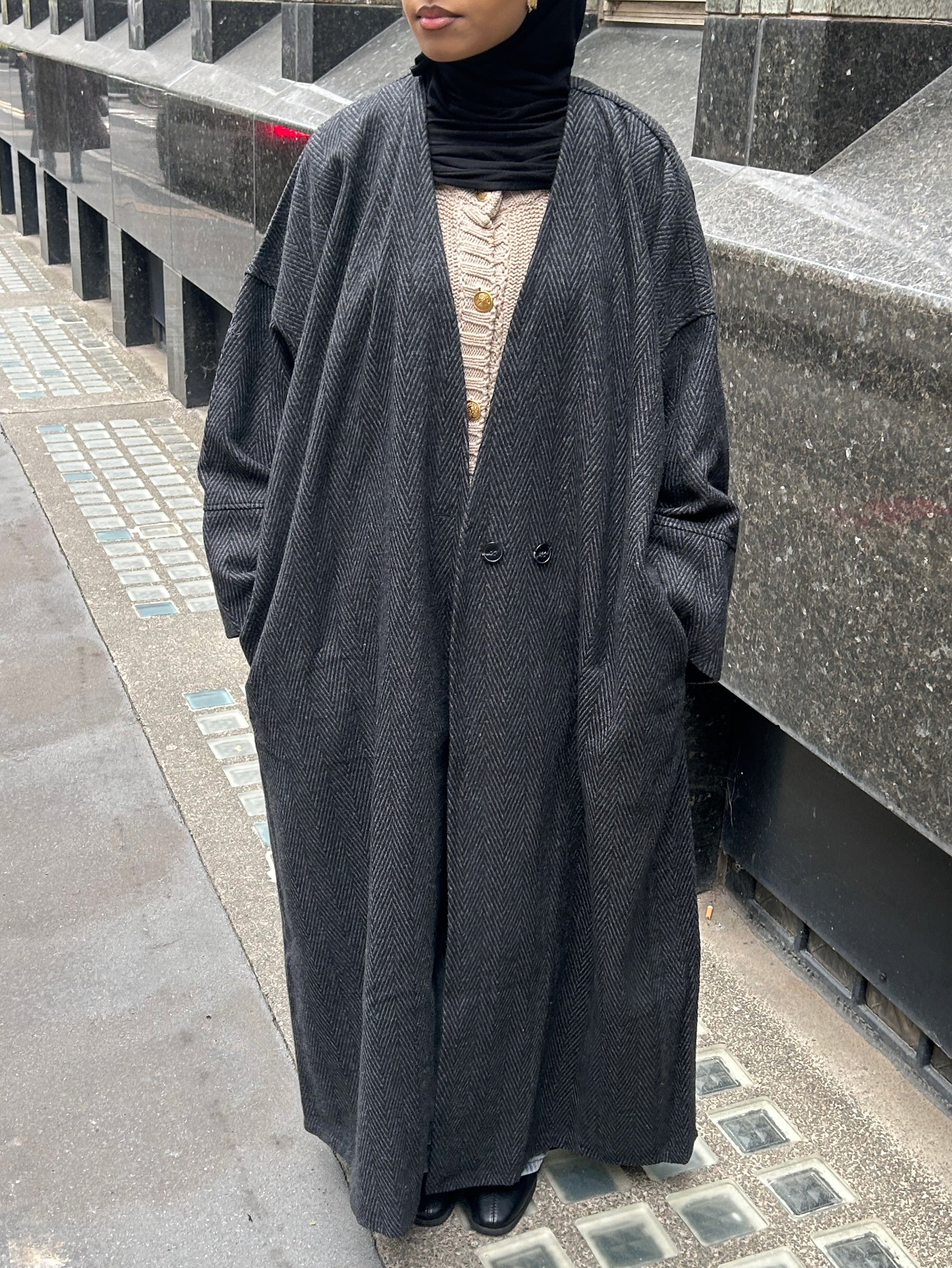 Herringbone Abaya Coat - Charcoal