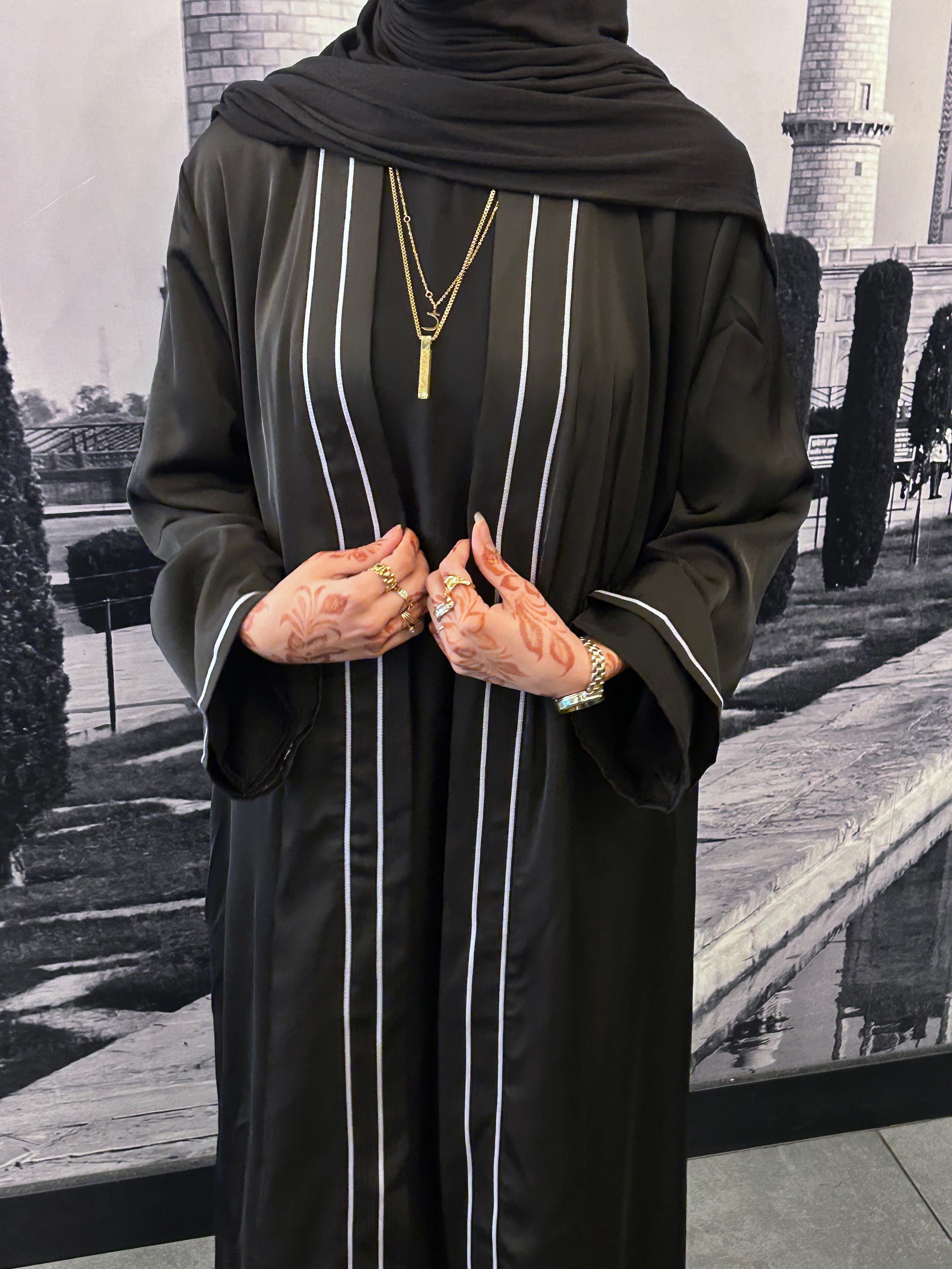 Black Satin Trim Open Abaya