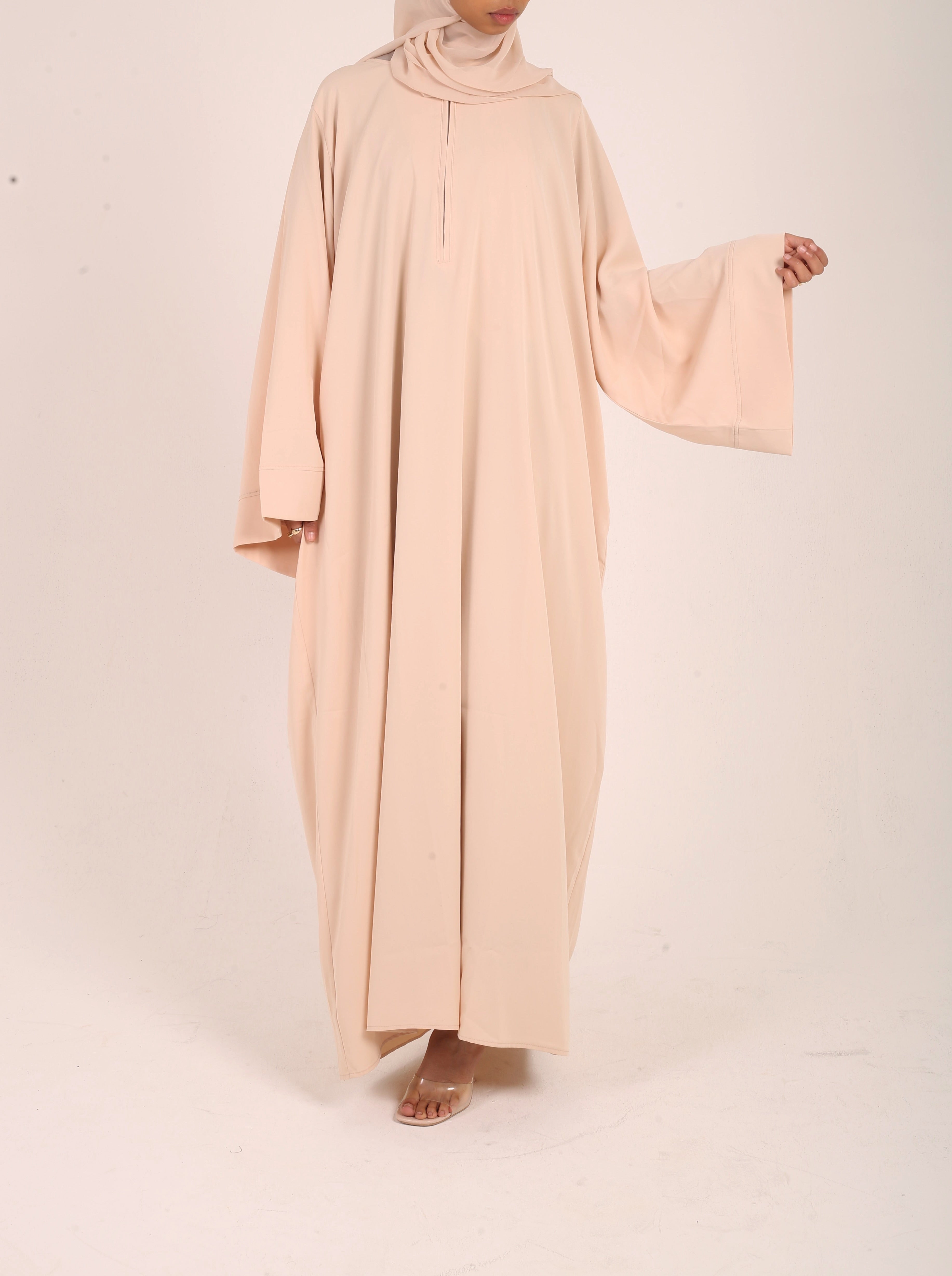 Neutral Nursing-Friendly Abaya with Zip and Matching Hijab Set
