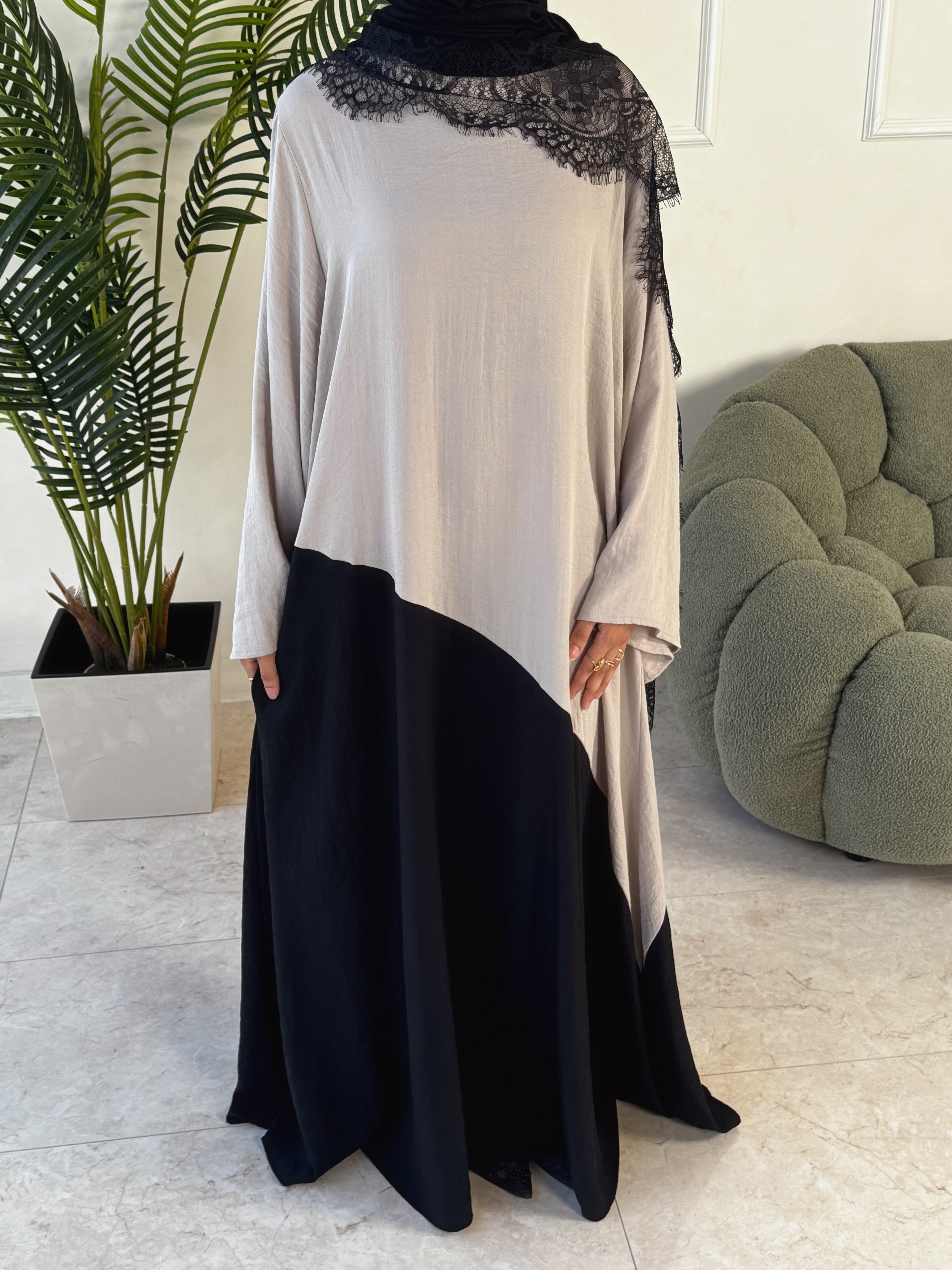 Two Tone Dress Abaya - Warm Pink/Black