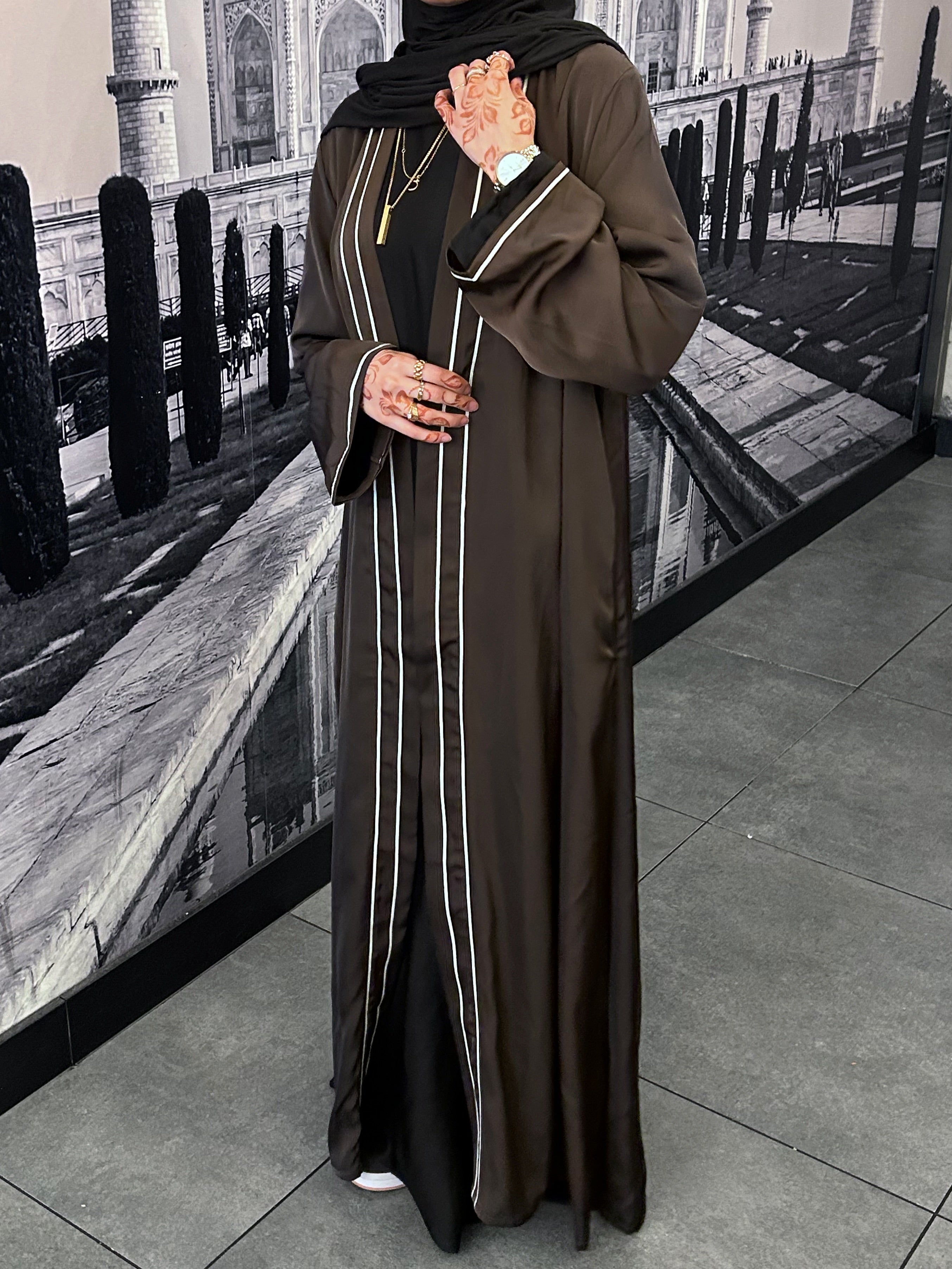 Brown Satin Trim Open Abaya