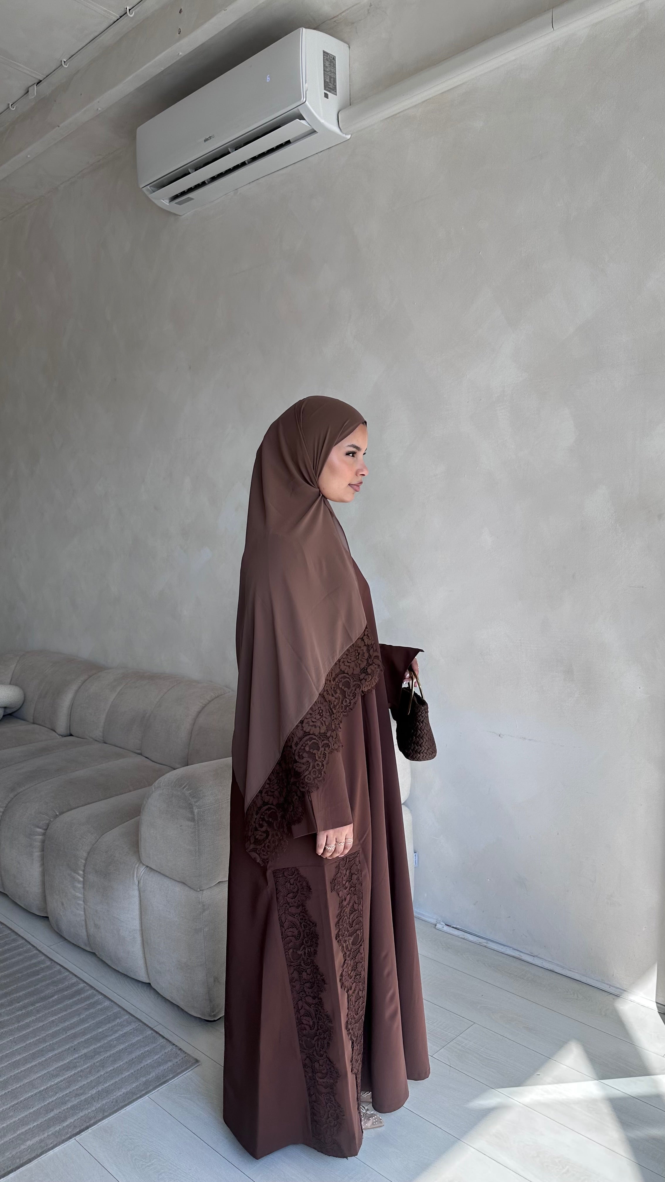 Lace Abaya and Hijab Set- Brown