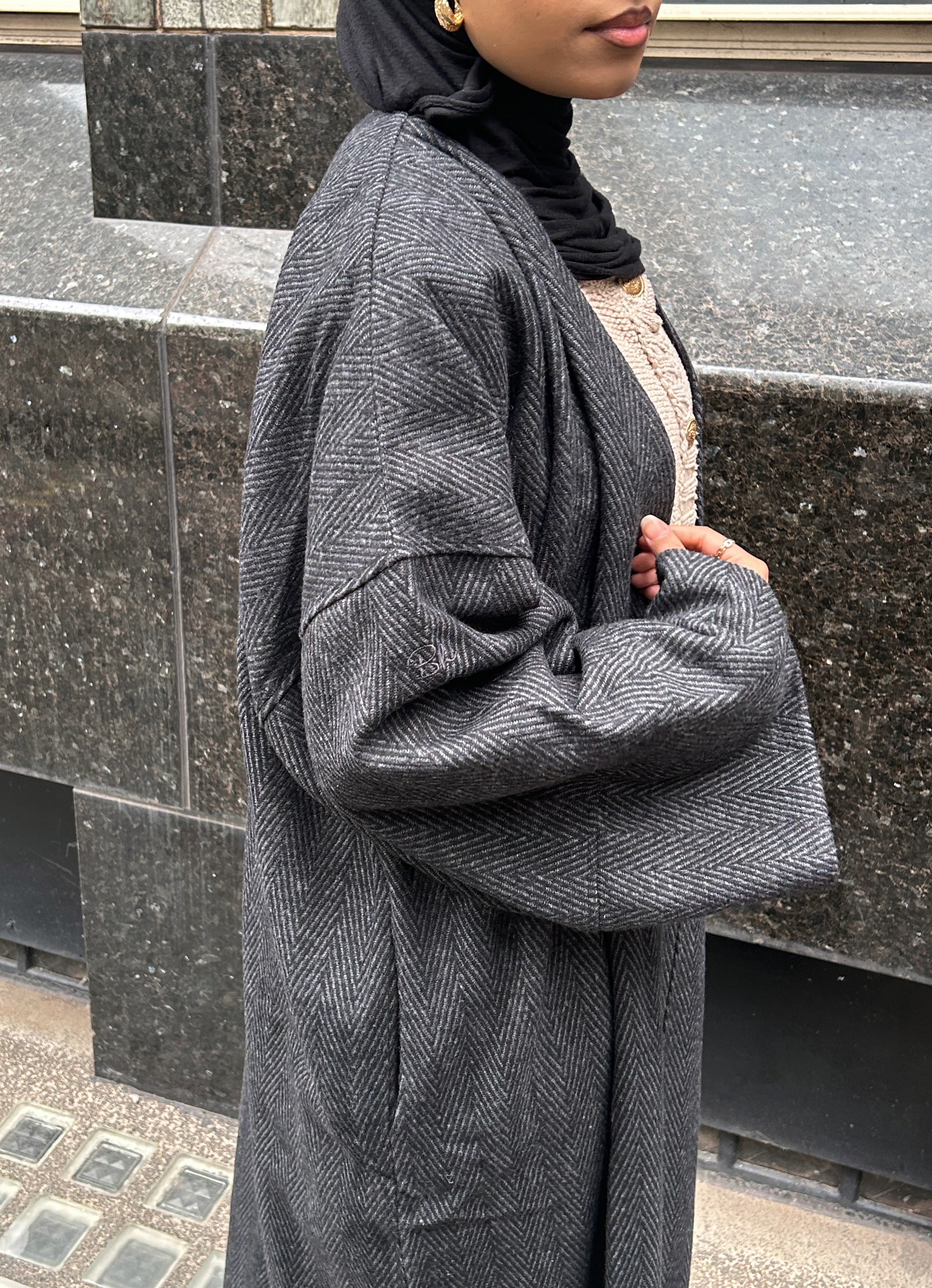 Herringbone Abaya Coat - Charcoal