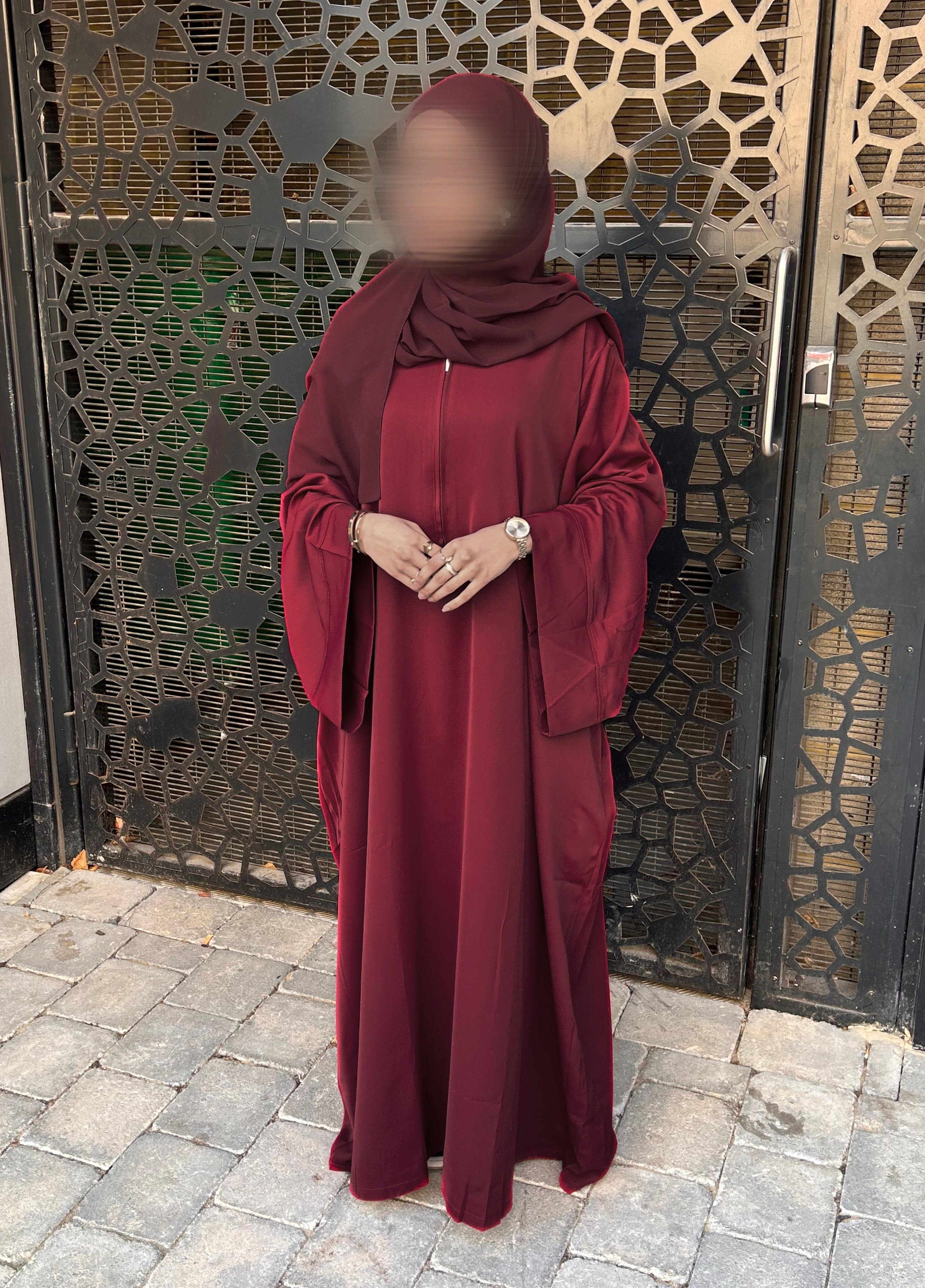 Burgundy Nursing-Friendly Abaya with Zip and Matching Hijab Set