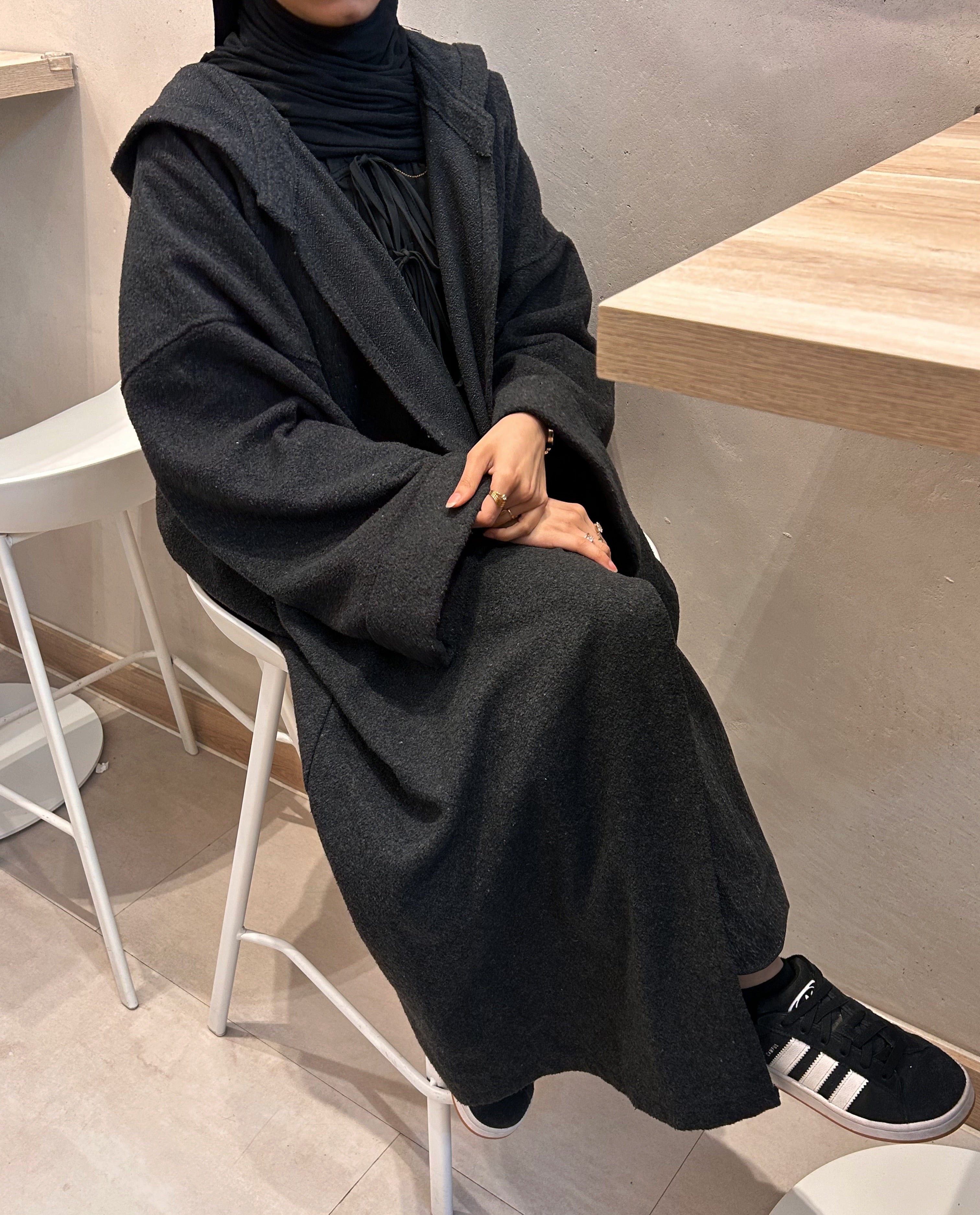 Hooded Blended Charcoal Black Abaya Coat