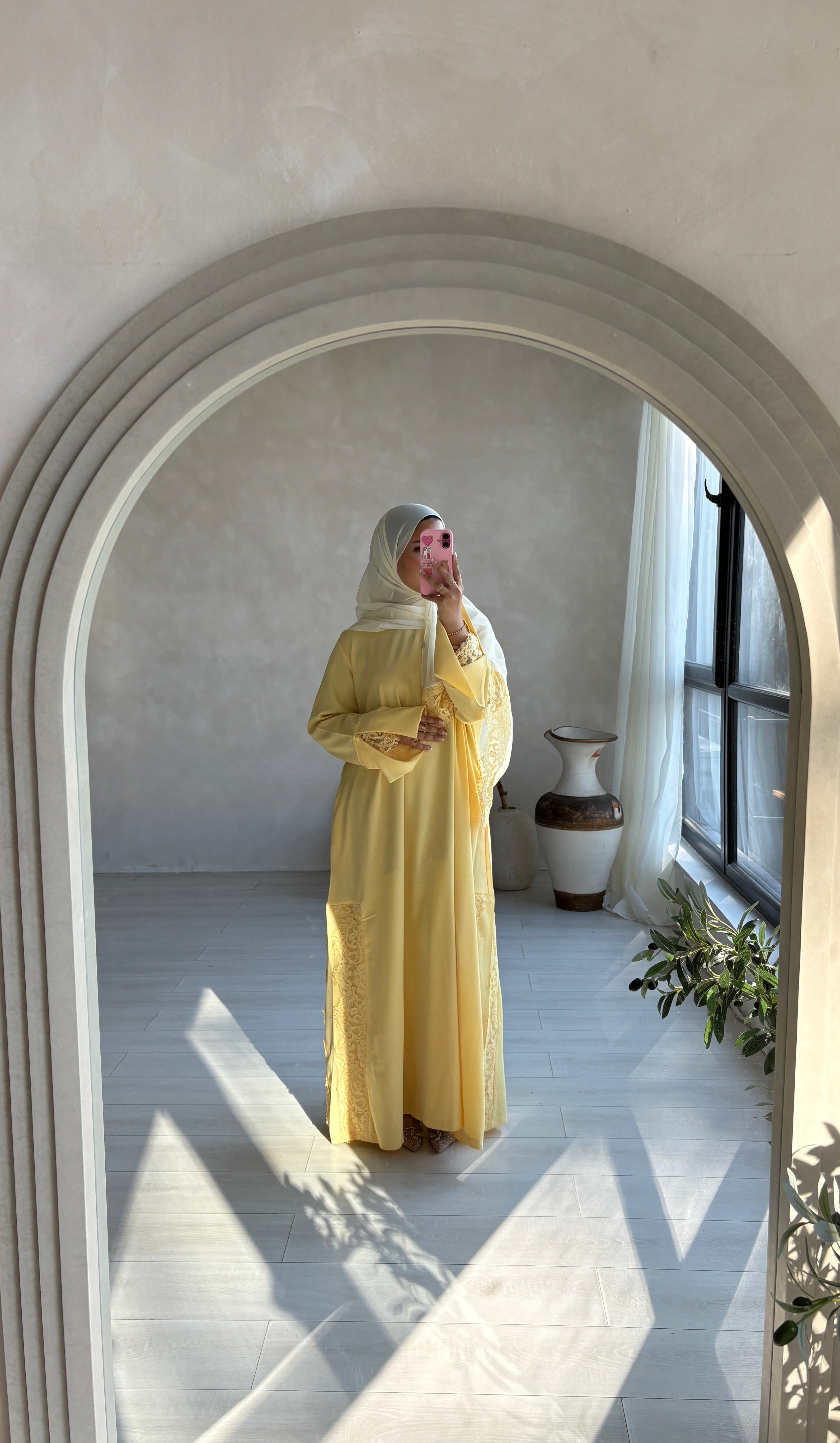 Lace Abaya and Hijab Set- Butter yellow