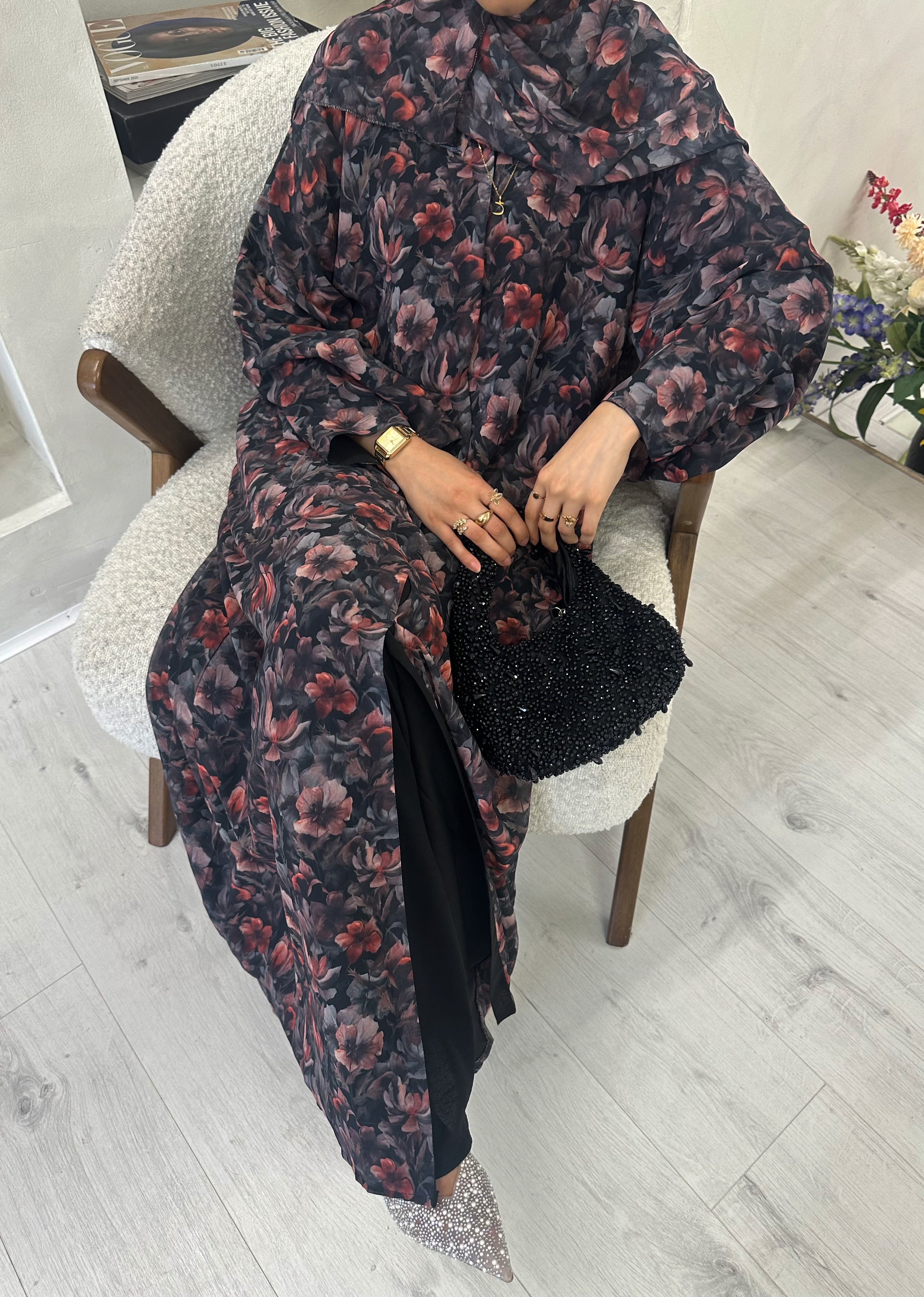 Black Printed Floral Abaya Set