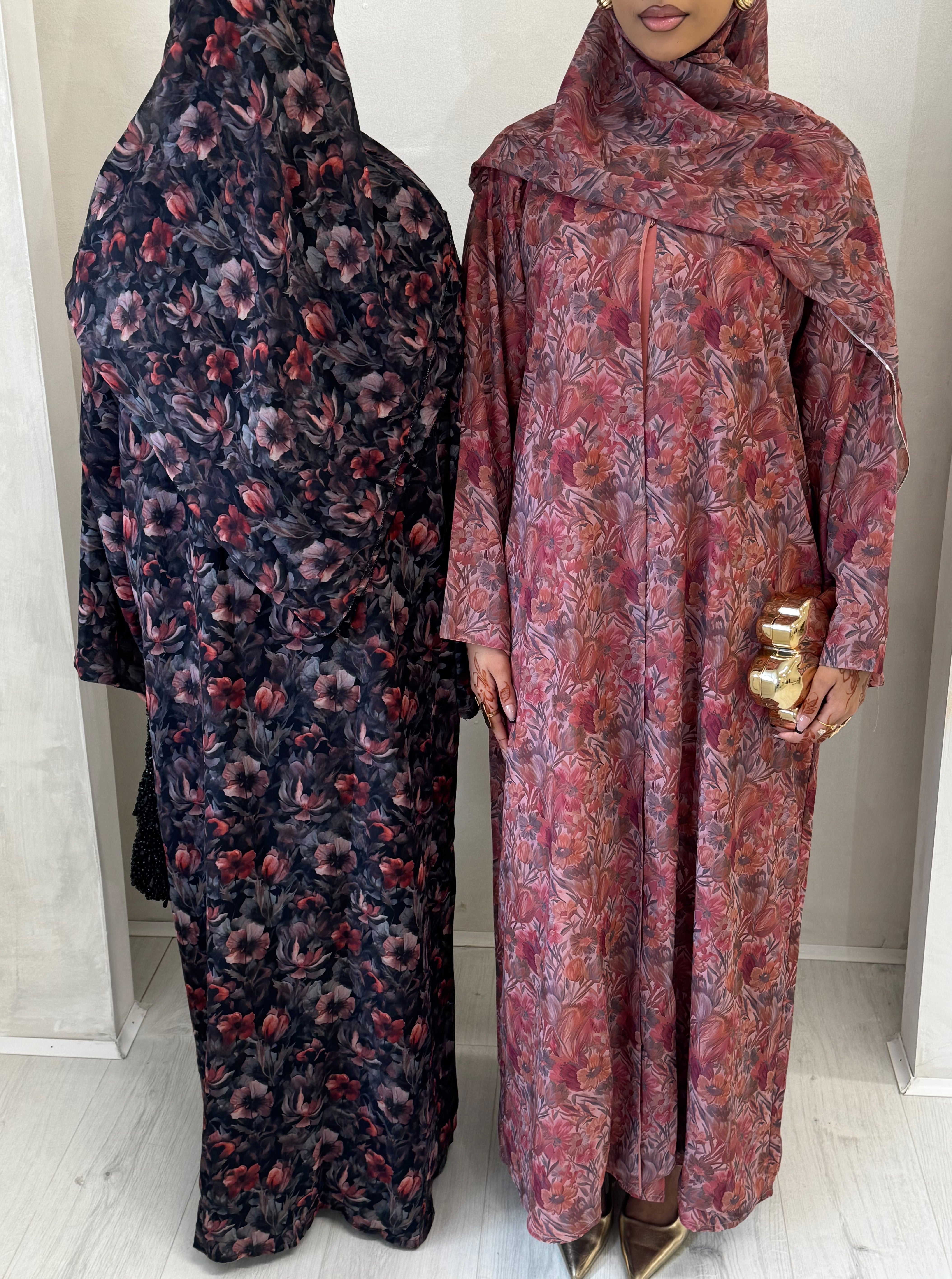 Pink Printed Floral Abaya Set