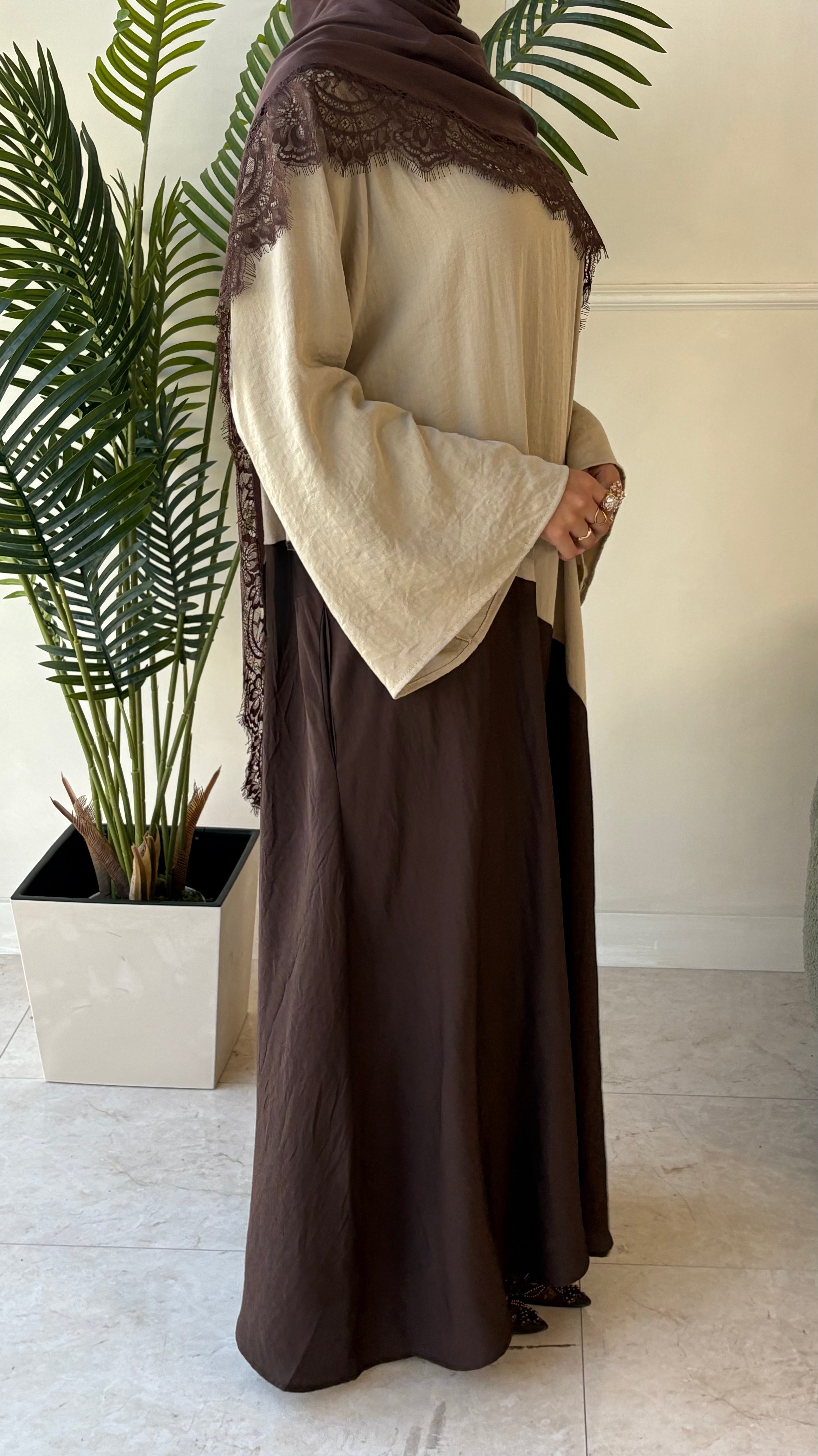 Two Tone Dress Abaya - Beige/Brown