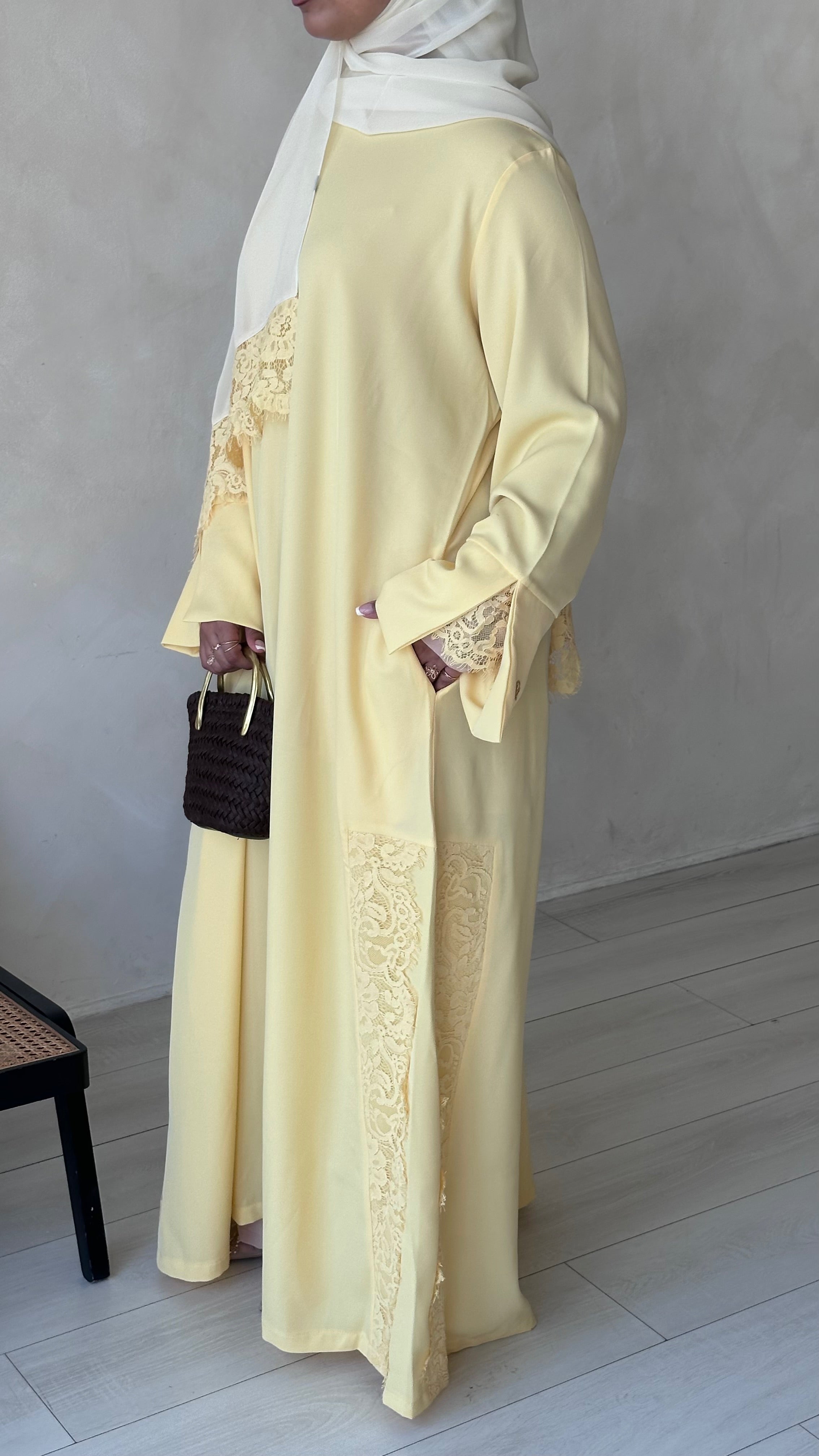 Lace Abaya and Hijab Set- Butter yellow