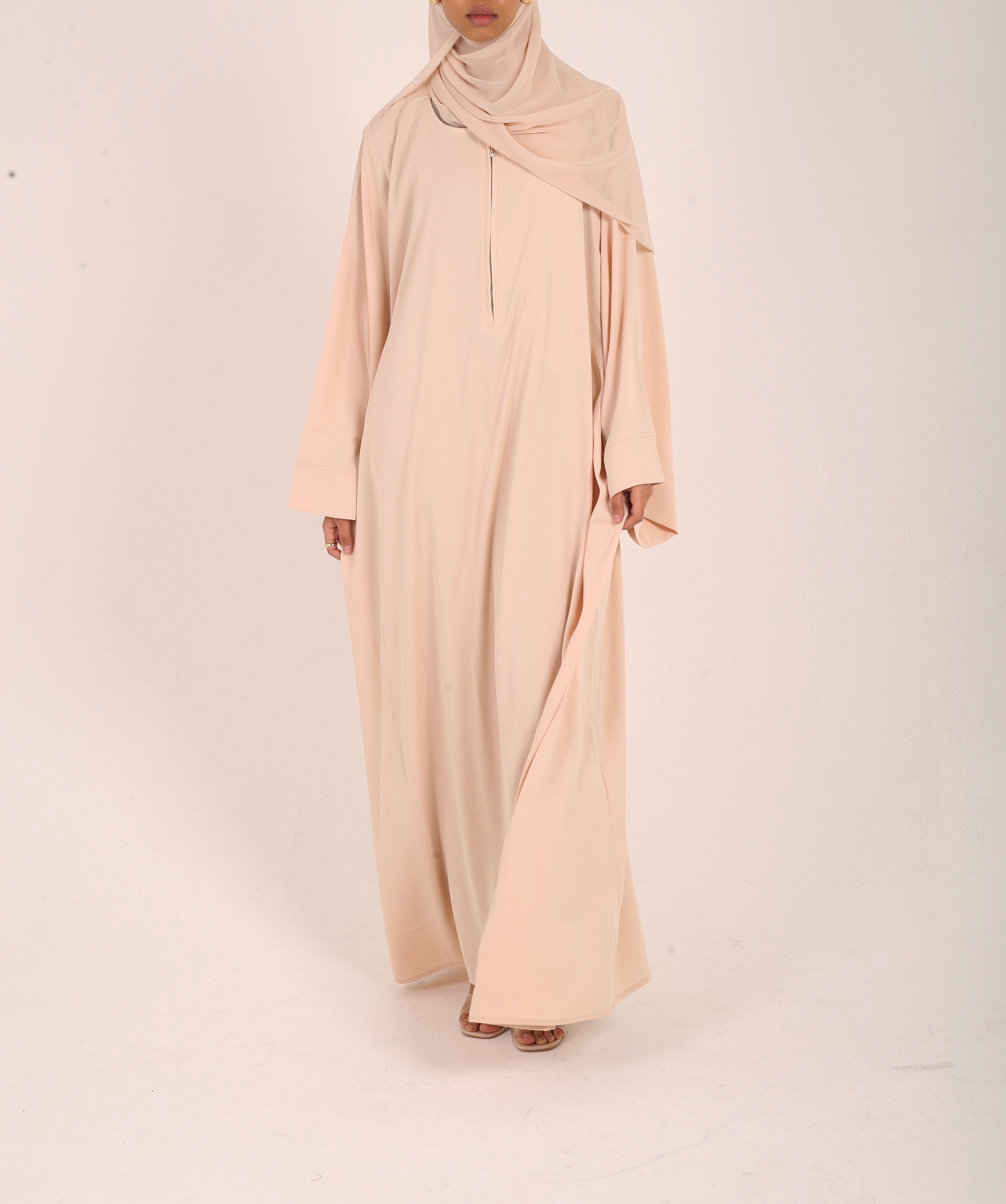 Neutral Nursing-Friendly Abaya with Zip and Matching Hijab Set