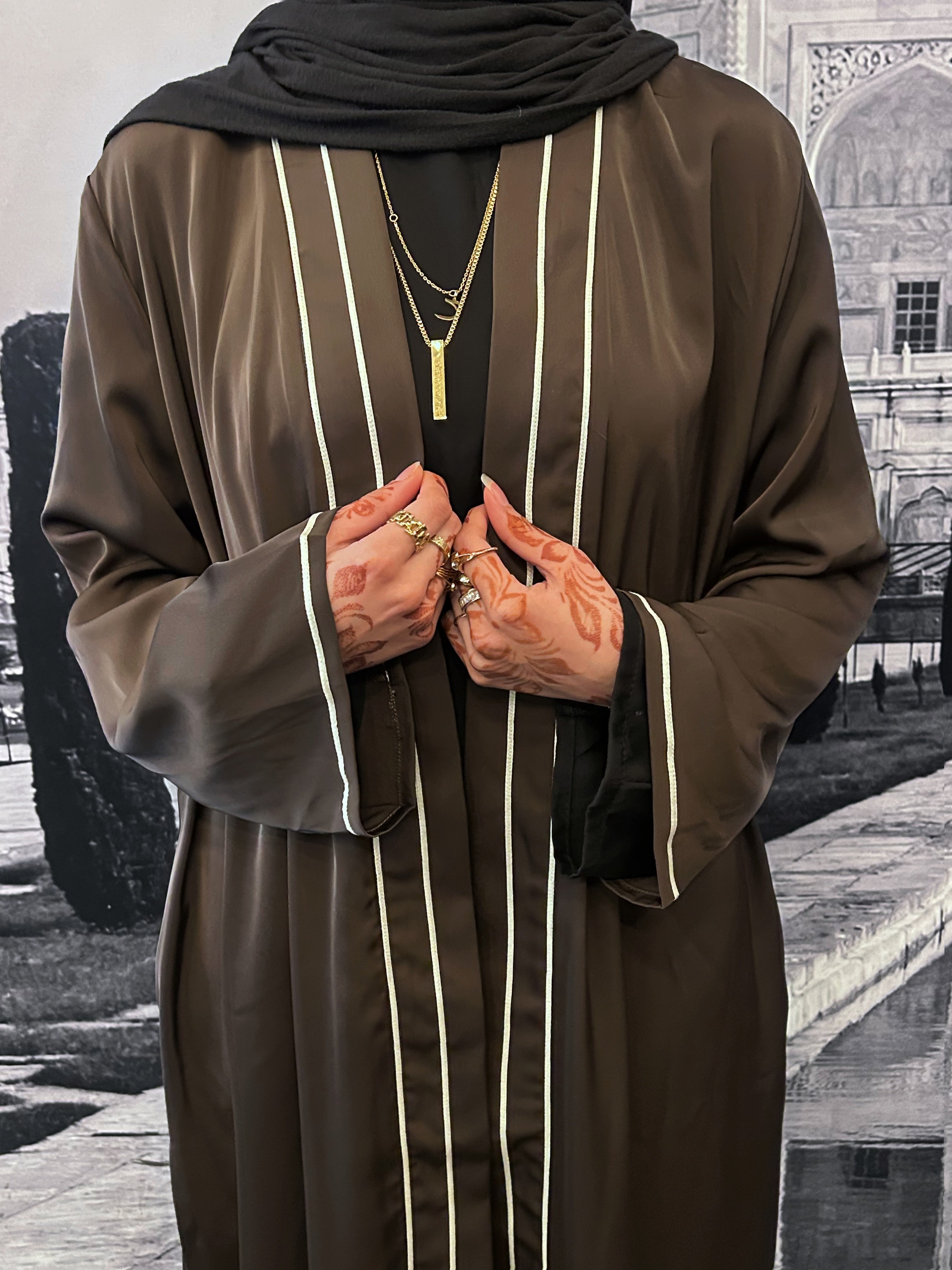 Brown Satin Trim Open Abaya