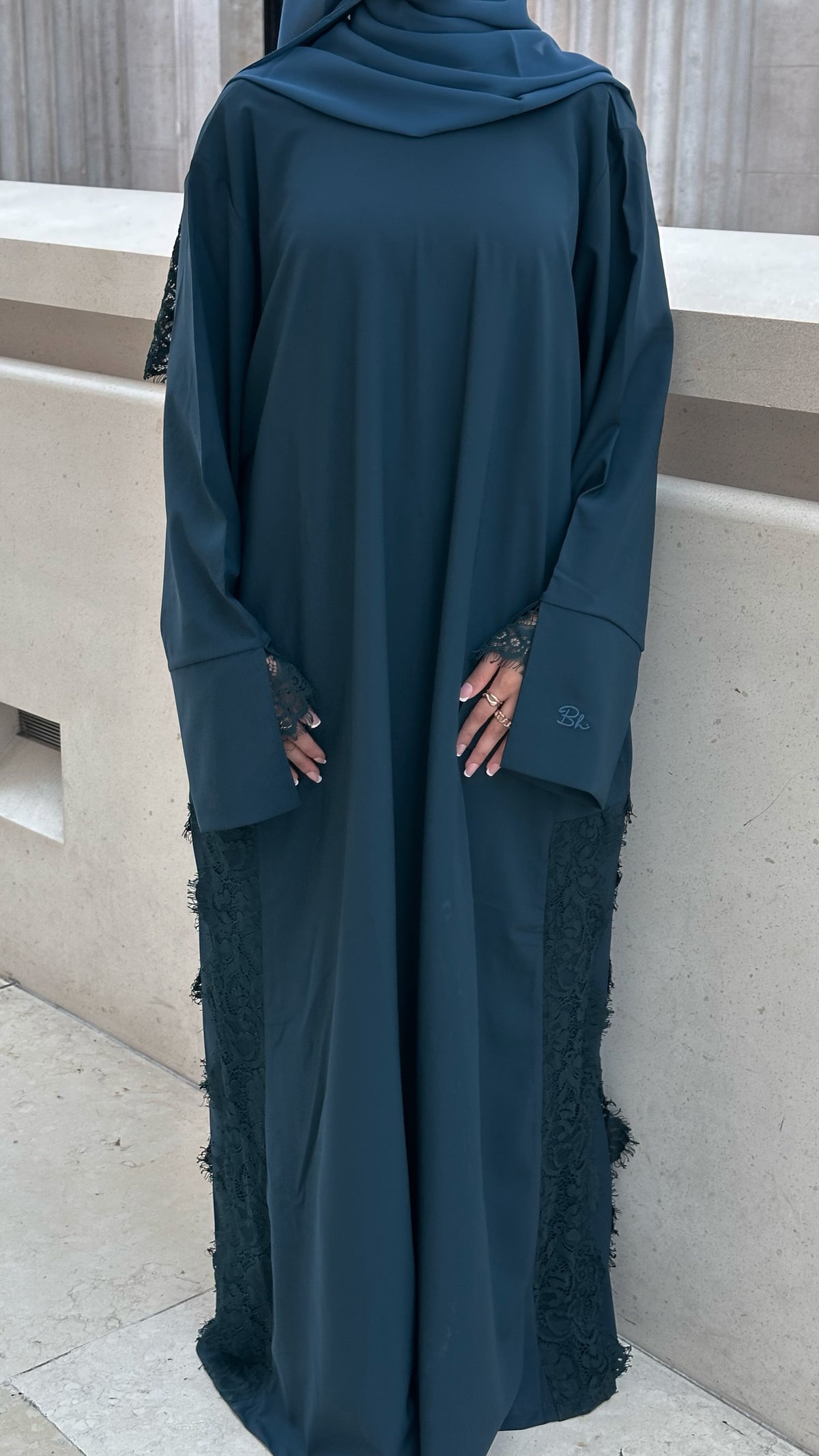 Lace Abaya and Hijab Set- Petrol Blue