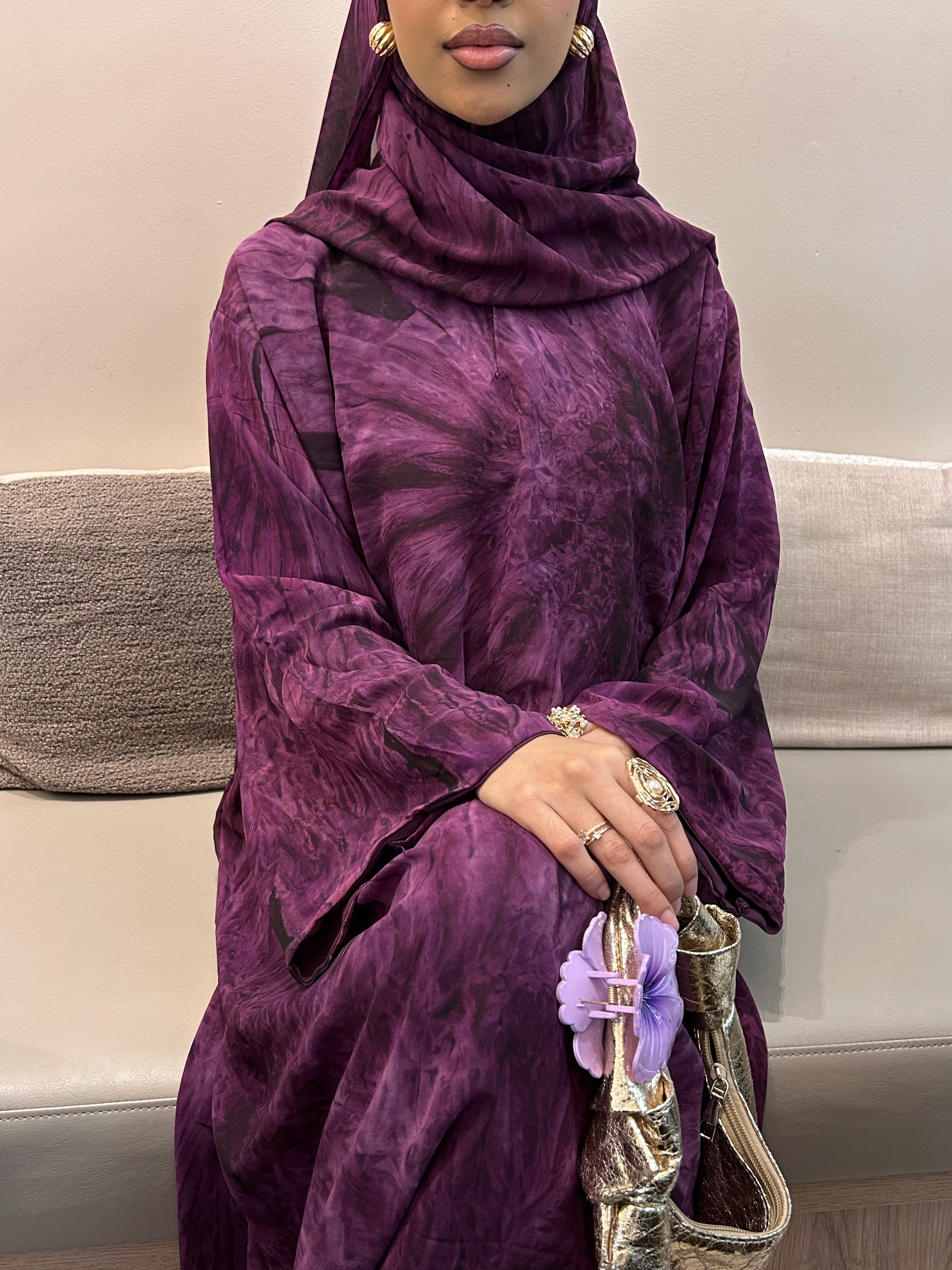 Printed Chiffon Abaya Set (Closed) - Purple