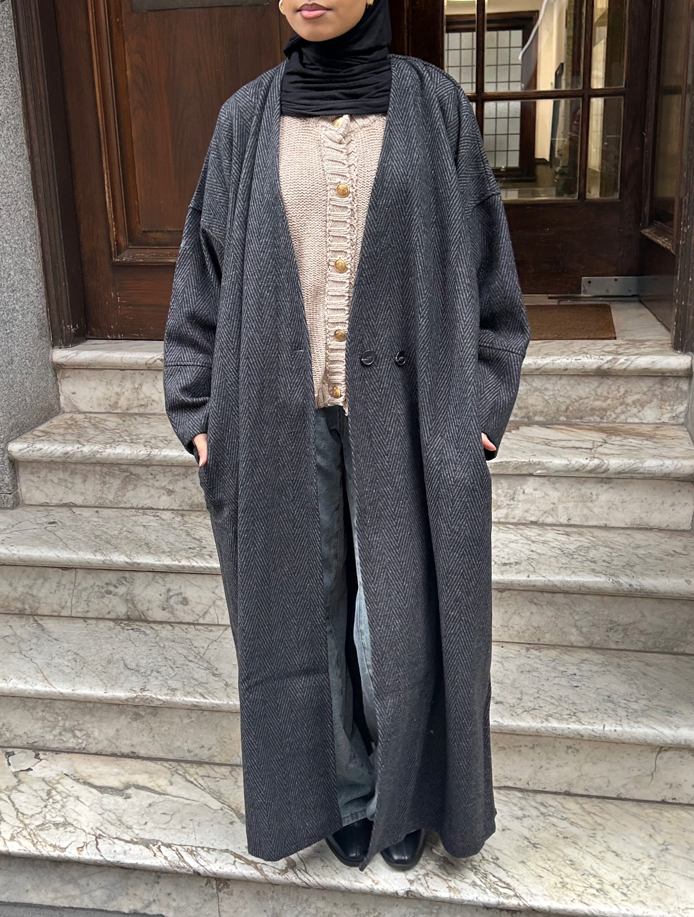 Herringbone Abaya Coat - Charcoal