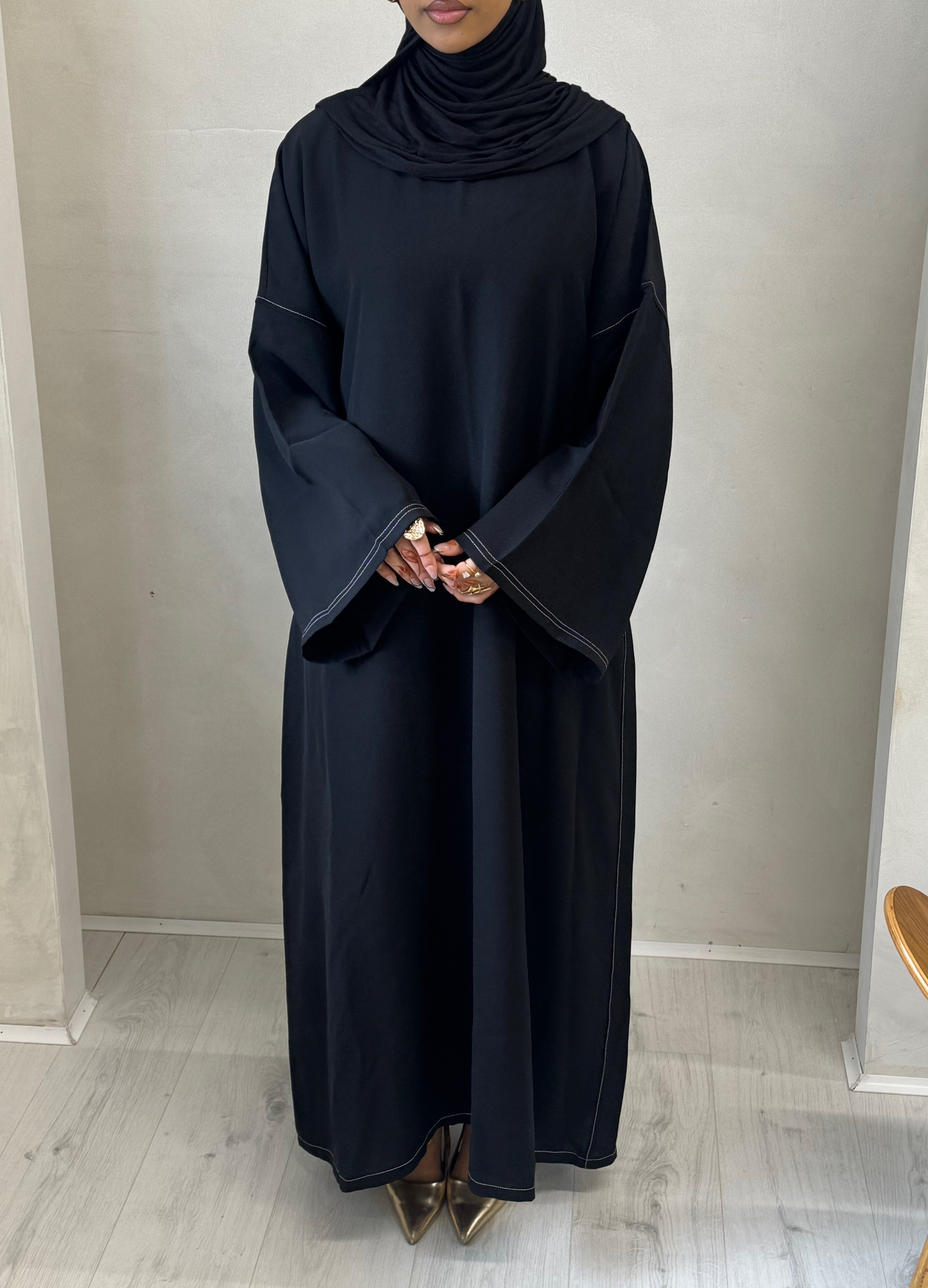 Black Contrast Stitch Closed Abaya