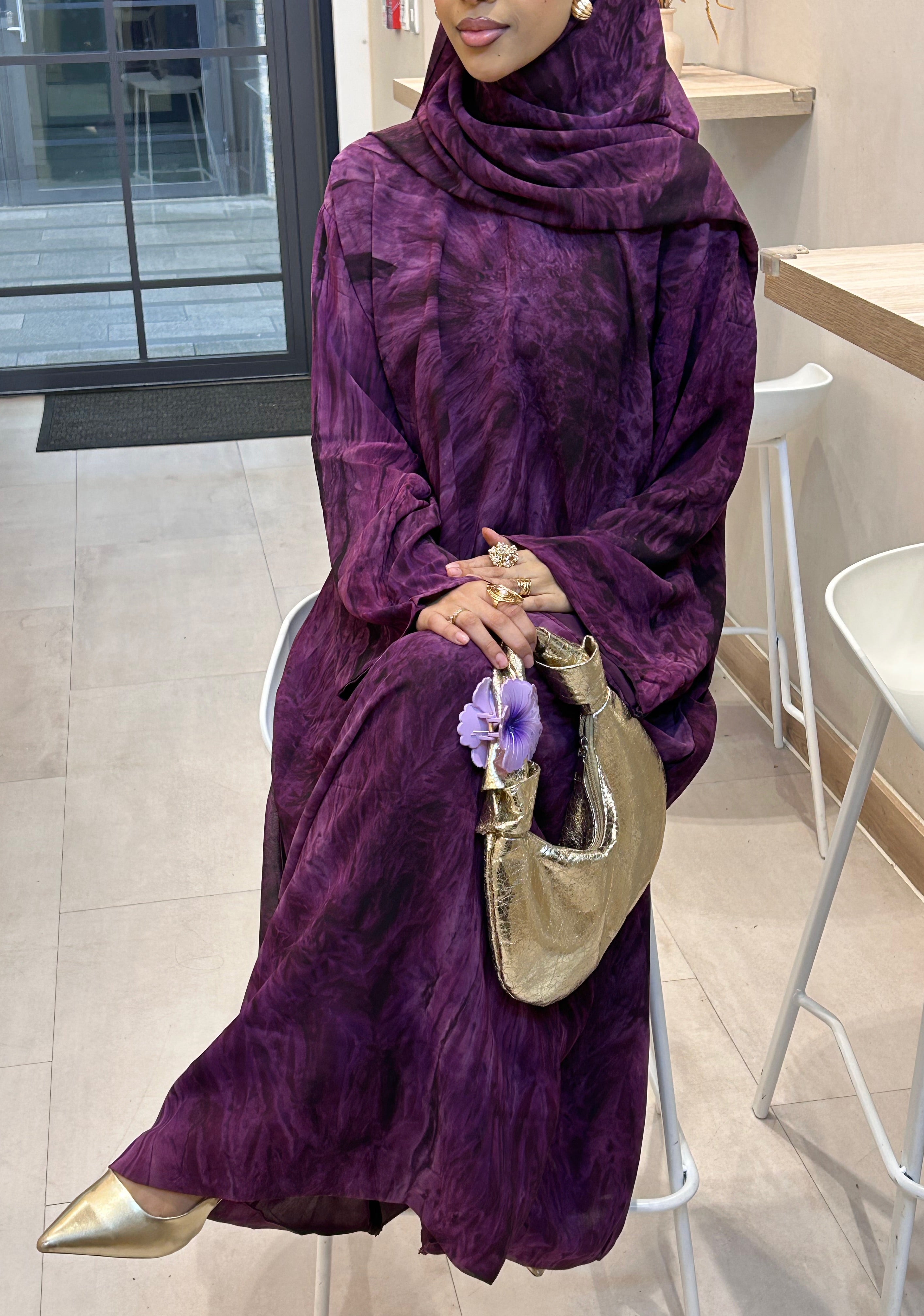 Printed Chiffon Abaya Set (Closed) - Purple