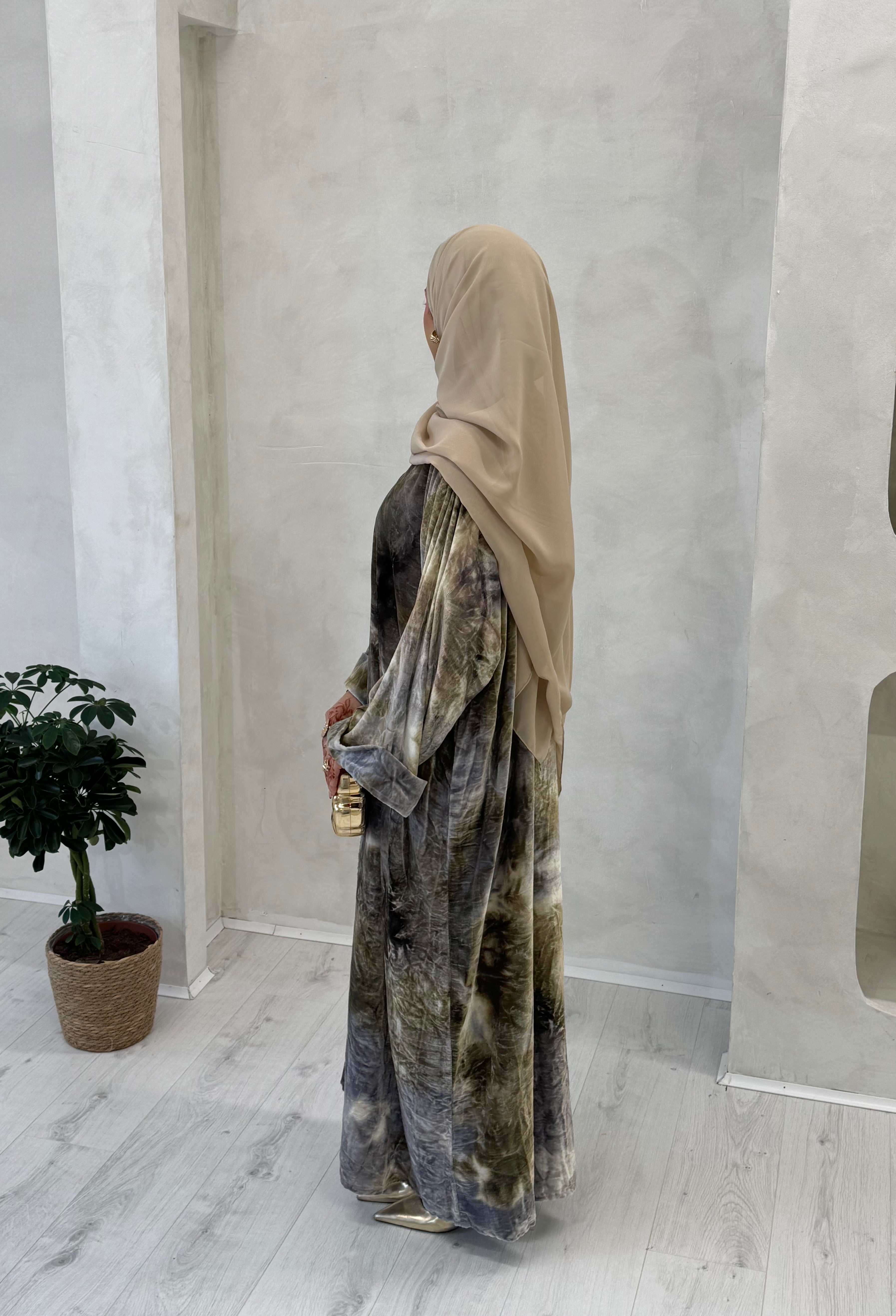 Neutral Printed Velvet Abaya