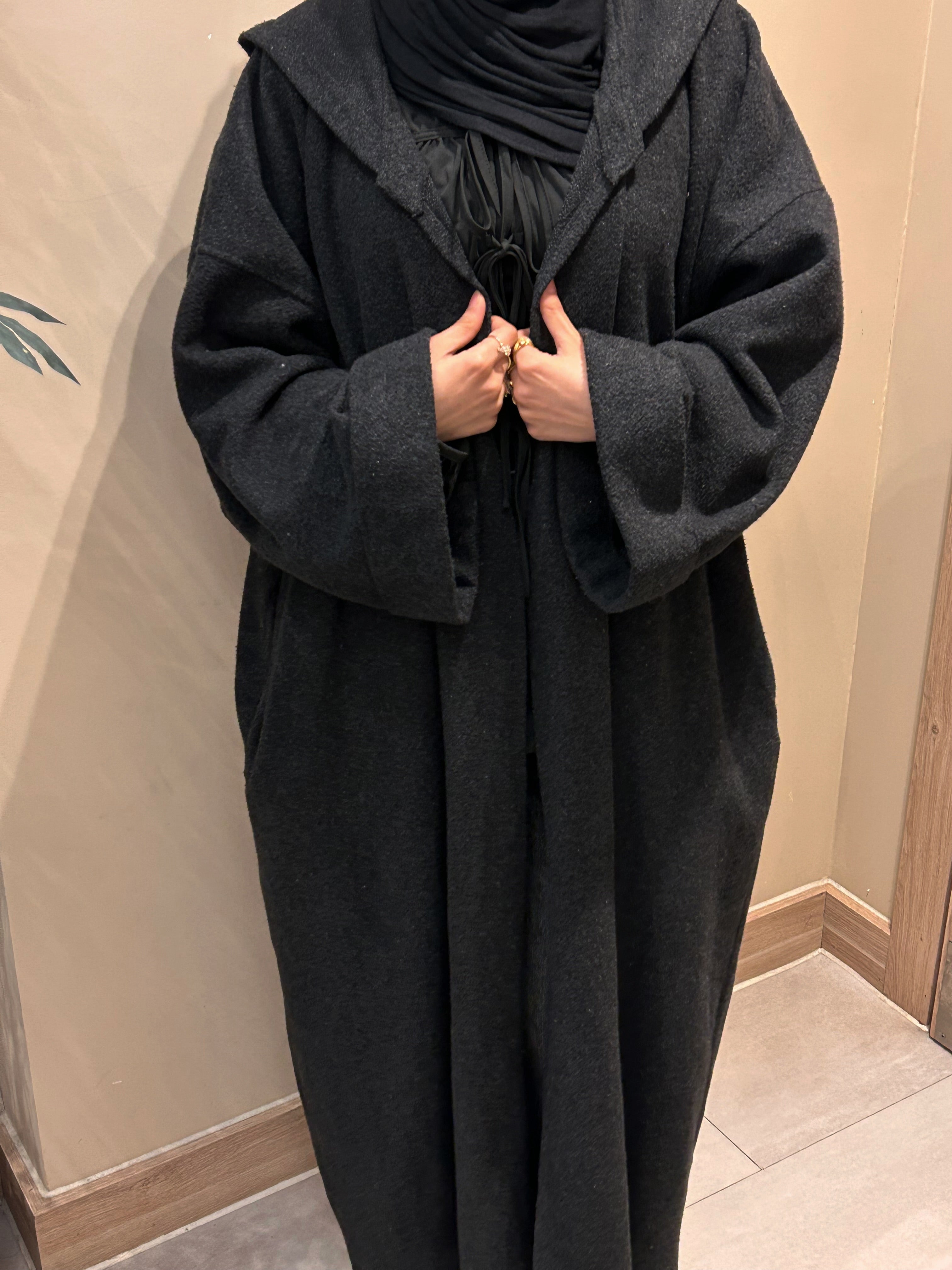 Hooded Blended Charcoal Black Abaya Coat