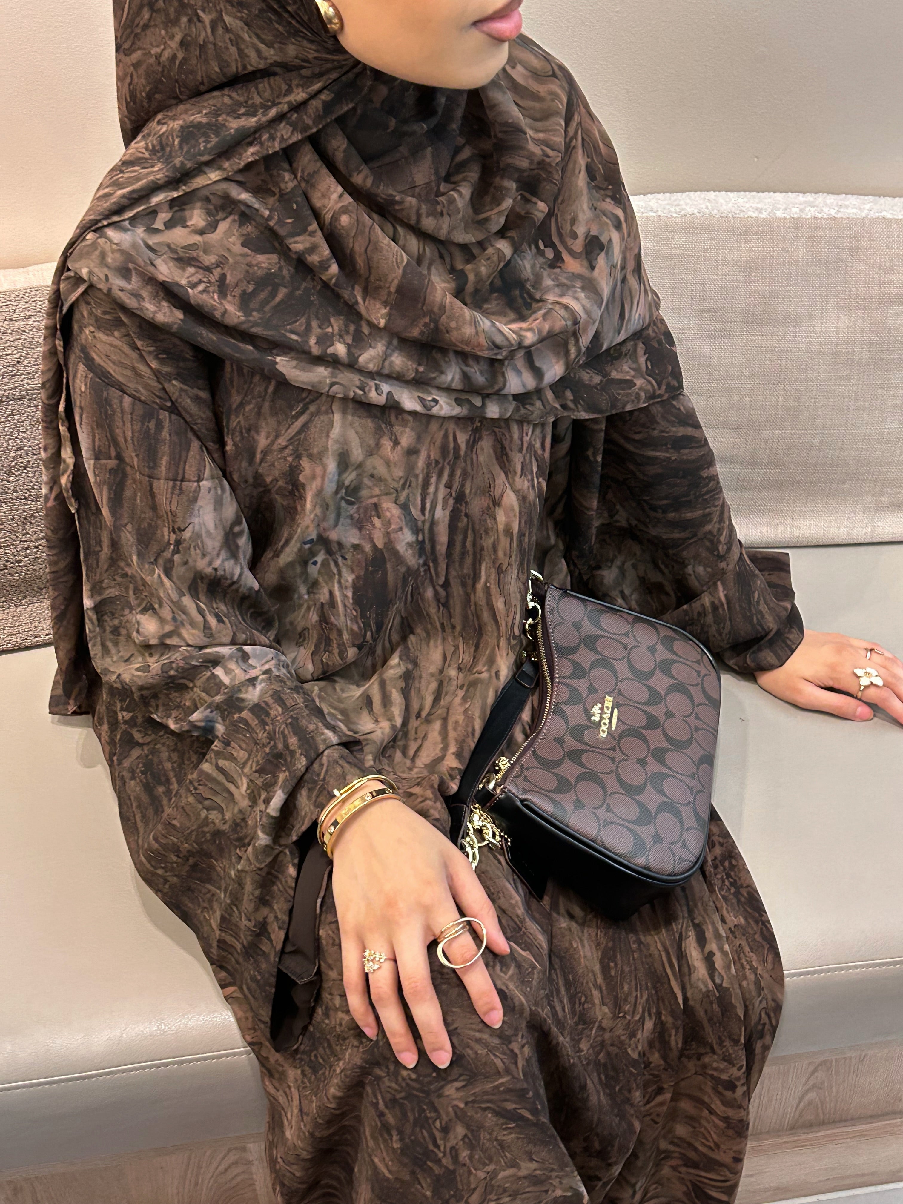 Printed Chiffon Abaya Set (Closed) - Brown